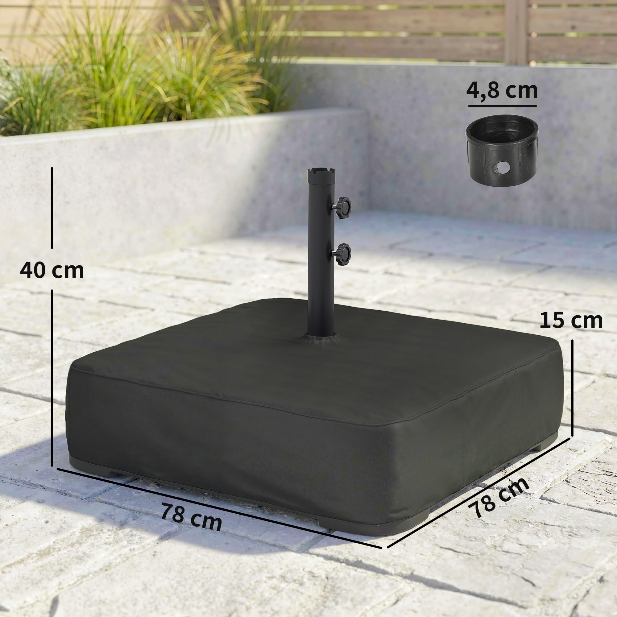Outsunny Pied de Parasol avec Housse, Socle Parasol extérieur à remplir avec 80kg Sable ou 90kg de Sable Humide, pour mât Ø48mm, Base de Parasol déporté pour Jardin Patio terrasse, 78x78x40cm, Noir