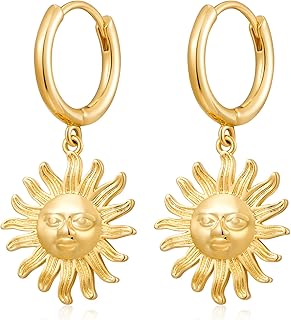 Gold Sun Earrings for Women 18K Gold Hoop Dangle Earrings Dainty Huggie Hoop Earrings with Sun Charm Minimalist Statement Hoop Earrings Trendy Jewelry Gifts
