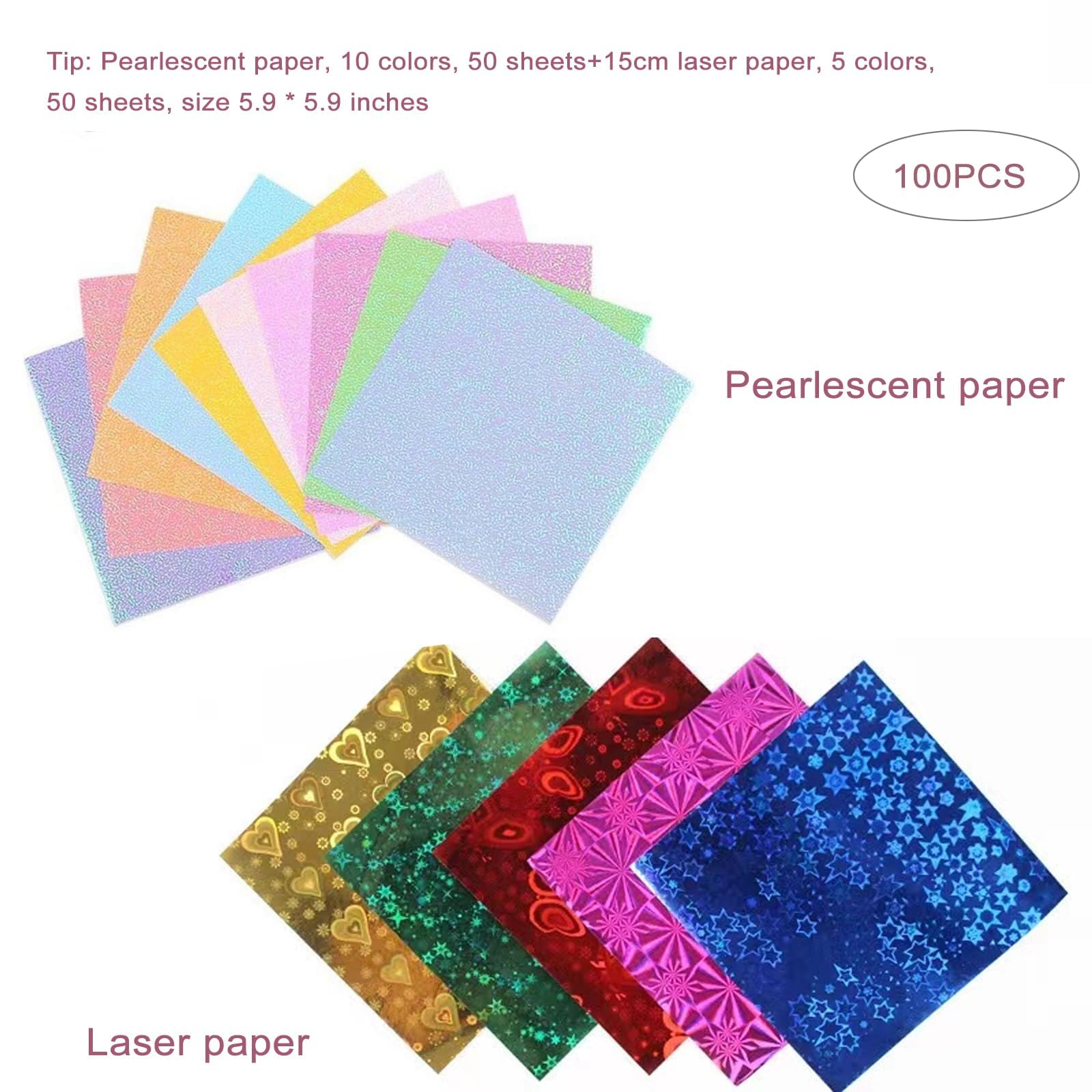 100 Hojas de Papel Brillante para Origami, Cuadrados Iridiscentes Papel de Origami Papel Decorativo Papel Cuadrado con Purpurina Papel Plegable para Manualidades para NiñOs