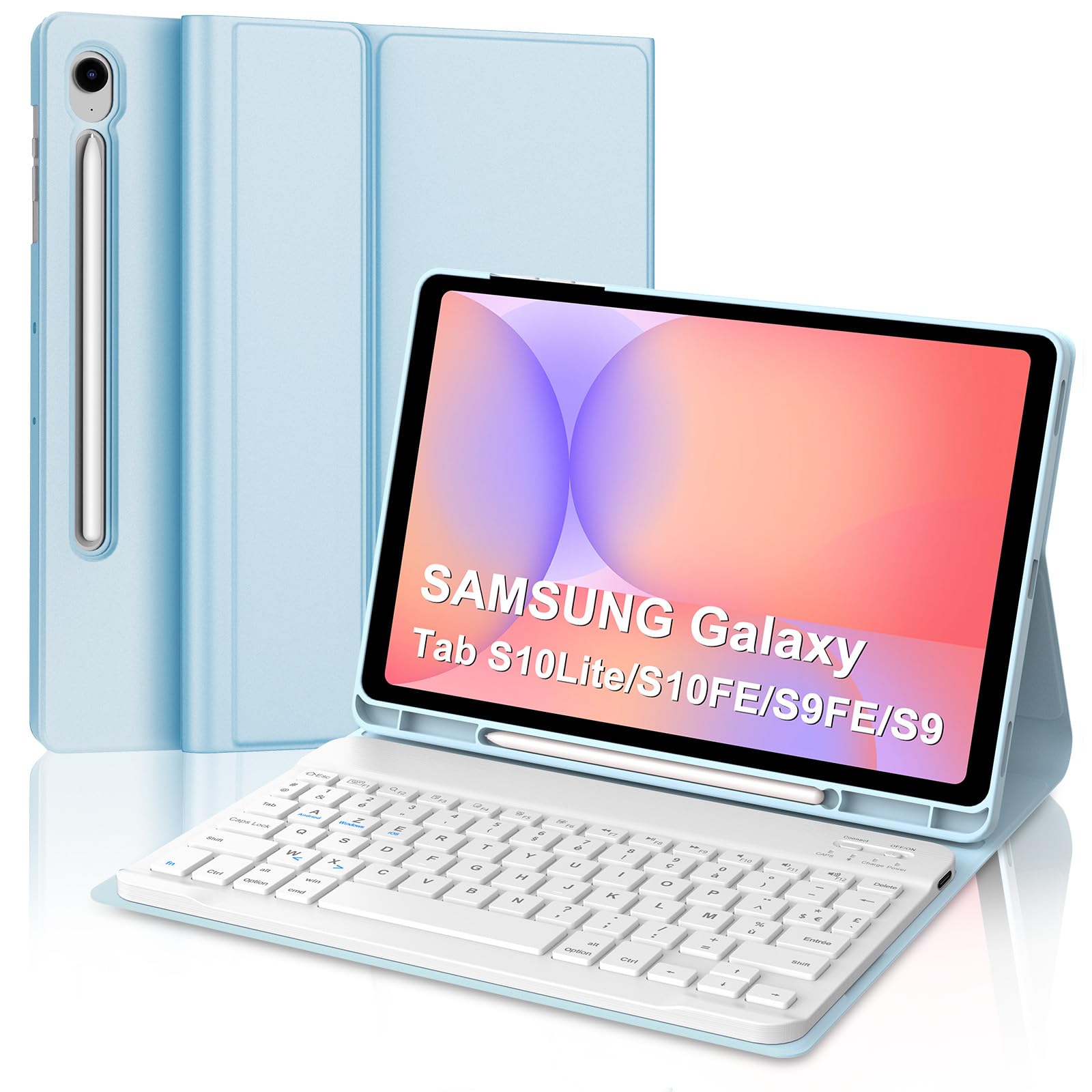 Coque Clavier pour Samsung Galaxy Tab S10 Lite S10 FE 2025/S9 FE 2023 10.9 Pouces, AZERTY Français Housse Clavier Bluetooth Détachable avec Porte Crayon pour Samsung Galaxy Tab S9 11" 2023, Bleu Ciel