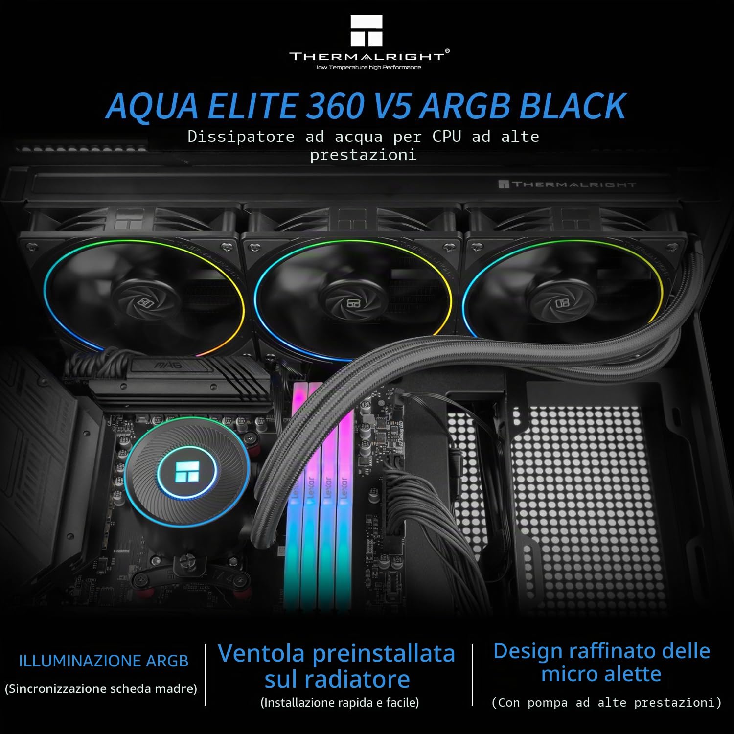 Thermalright Aqua Elite 360 V5 ARGB Black - Dissipatore di calore per CPU, 360 mm, 3 ventole TL-S12 PWM, per AM4/AM5, Intel LGA115X/1200/1700/1851, raffreddamento CPU AIO