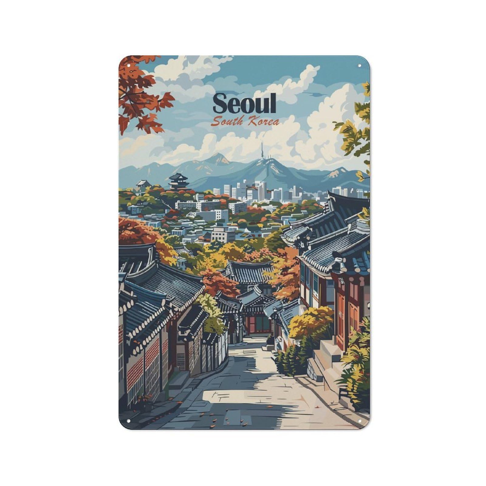 Junmoney Seoul Cityscape For Home Office Or Studio, Retro Metal Wall Sign 30X20cm, For Vintage Wall Decor Fans, For Metal Sign Collectors