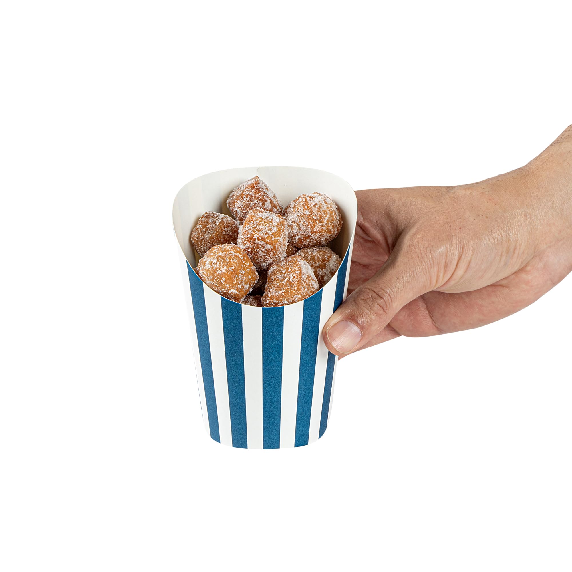 Restaurantware Bio Tek - Recipientes de papas fritas de 12 onzas, 100 tazas desechables para embutidos, diseño inclinado, redondos, vasos de papel a rayas, apilables, para gofres, patatas fritas o