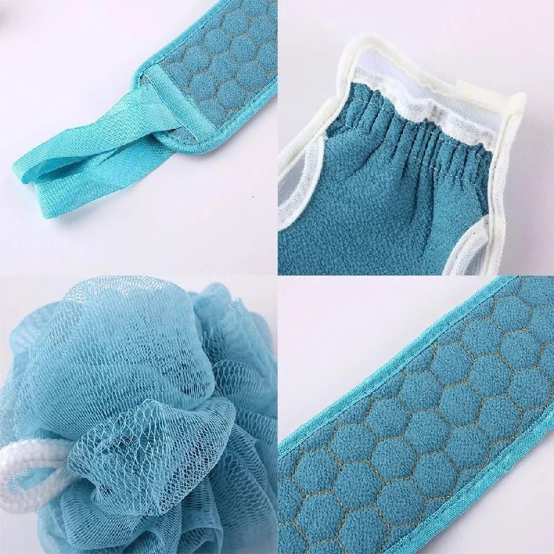 TARTAMYA Bath Shower Exfoliating Set, Back Scrubber Strap, Bath Glove Mitt and Mesh Loofah Sponge, Body Cleaning, Dead Skin Removal and Massage Spa Kit 3