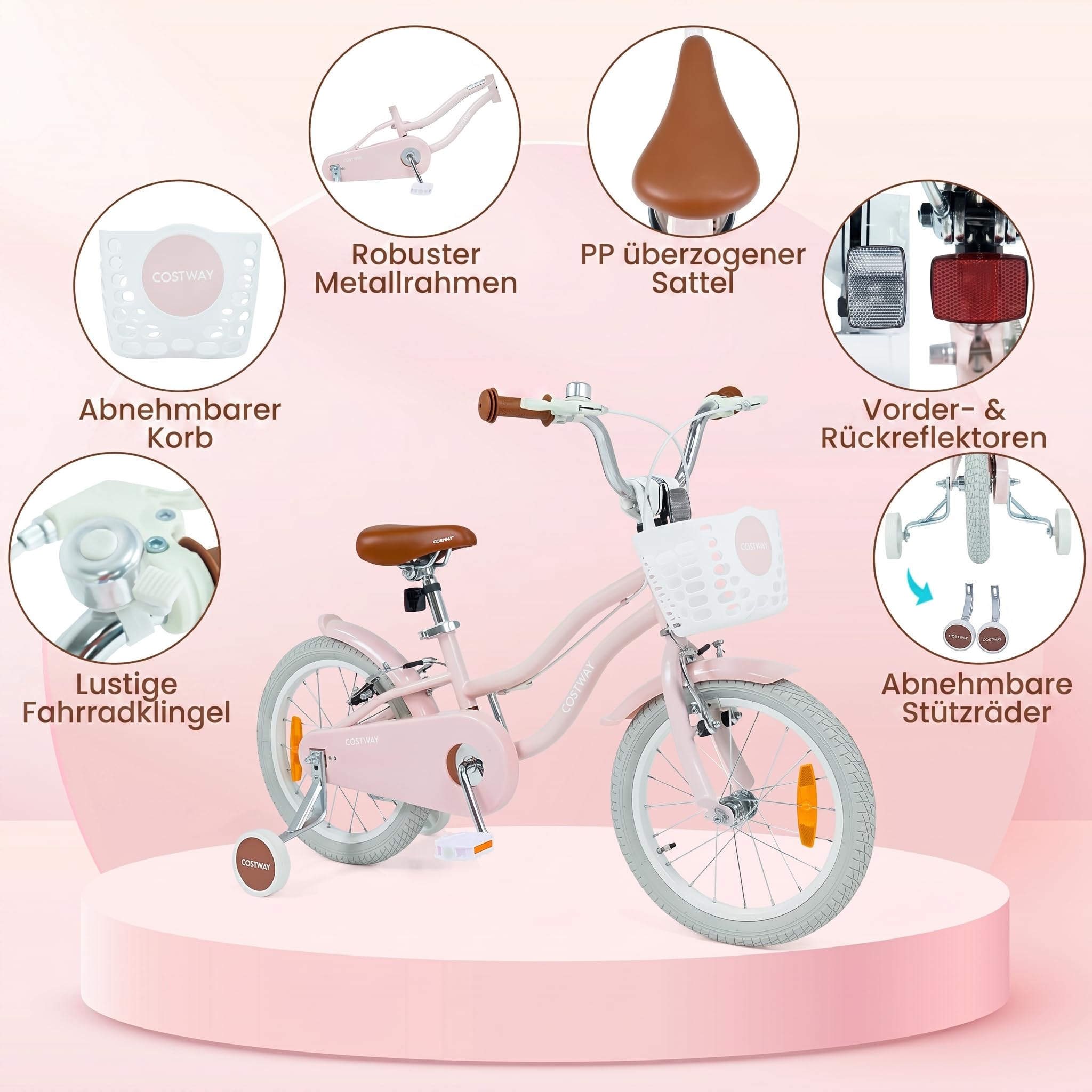 COSTWAY Kinderfahrrad mit Korb & Klingel, 14/16 Zoll Mädchenfahrrad mit höhenverstellbarem Sattel & Lenker, Fahrrad mit Doppelbremsen, abnehmbaren Stützrädern für 3-7 Jahren Mädchen