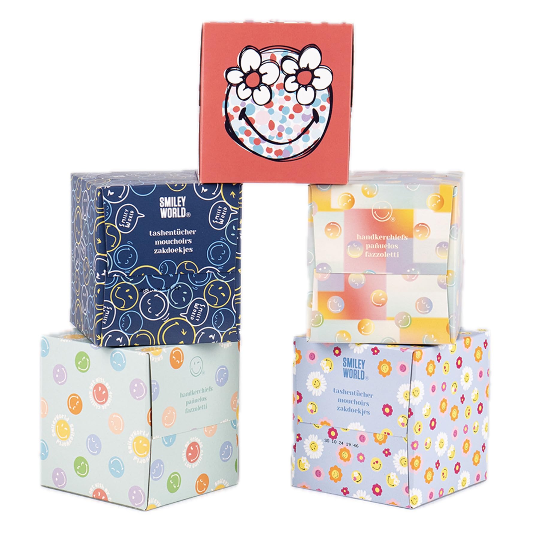 SmileyWorld - Ultra Soft Taschentücher – 20 Würfelboxen x 48 Blatt (960 Blatt gesamt) – Weich, saugstark und dekorativ – Papiertaschentücher (Mehrfarbig)