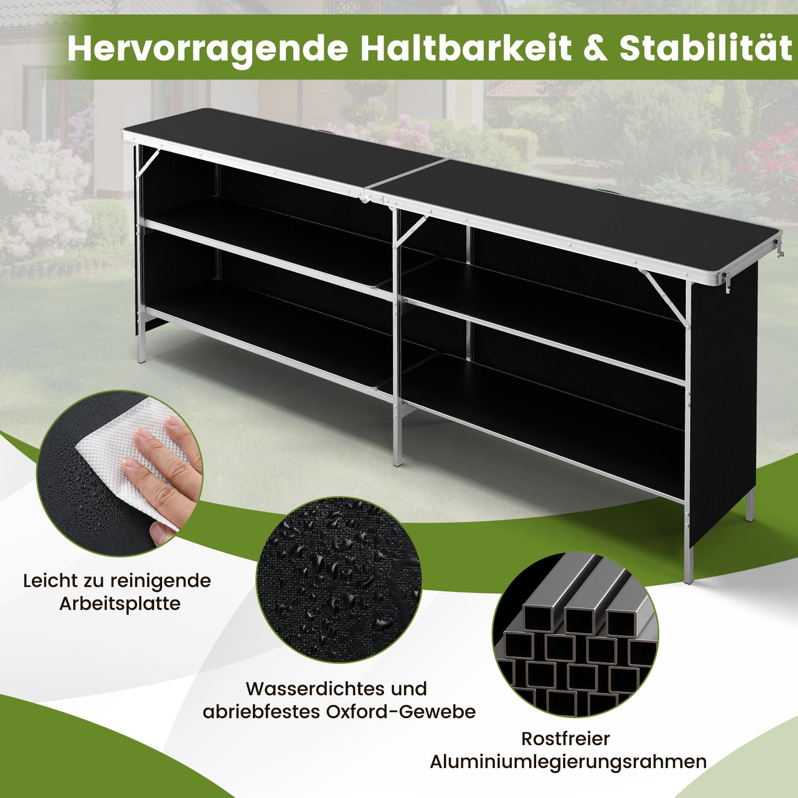 COSTWAY Campingschrank faltbar, tragbare Campingküche mit 2-stöckigen Regalen, Camping Faltschrank aus Aluminiumgestell, inkl. Tragetasche, für Picknick, Grillen, Partys, 206 x 38 x 83 cm