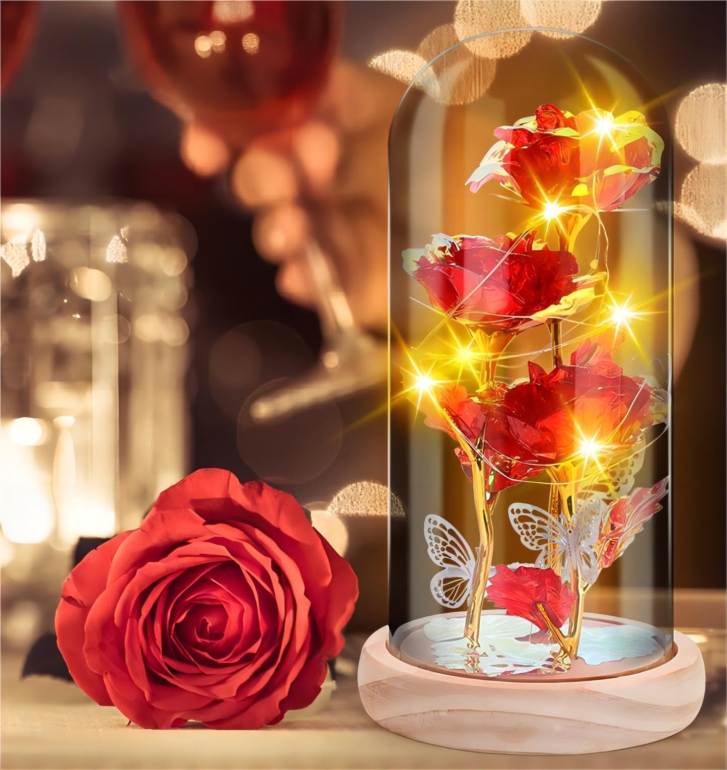 IVEOPPEEternal Rose Under Bell – with LED Light and Wooden Stand, Women's Gift for Girlfriend Wife Mother's Day Christmas Valentine's Day Birthday (Red)