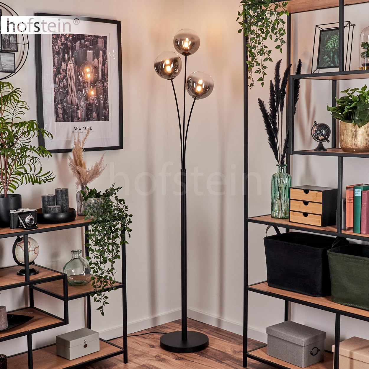 Stehleuchte Bernado, Stehlampe aus Metall/Glas in Schwarz/Rauchfarben/Klar, Leuchte im modernen Retro/Vintage-Design mit Schirmen aus Glas (Ø 15 cm), dimmbar über Fußschalter, 3x G9, ohne Leuchtmittel
