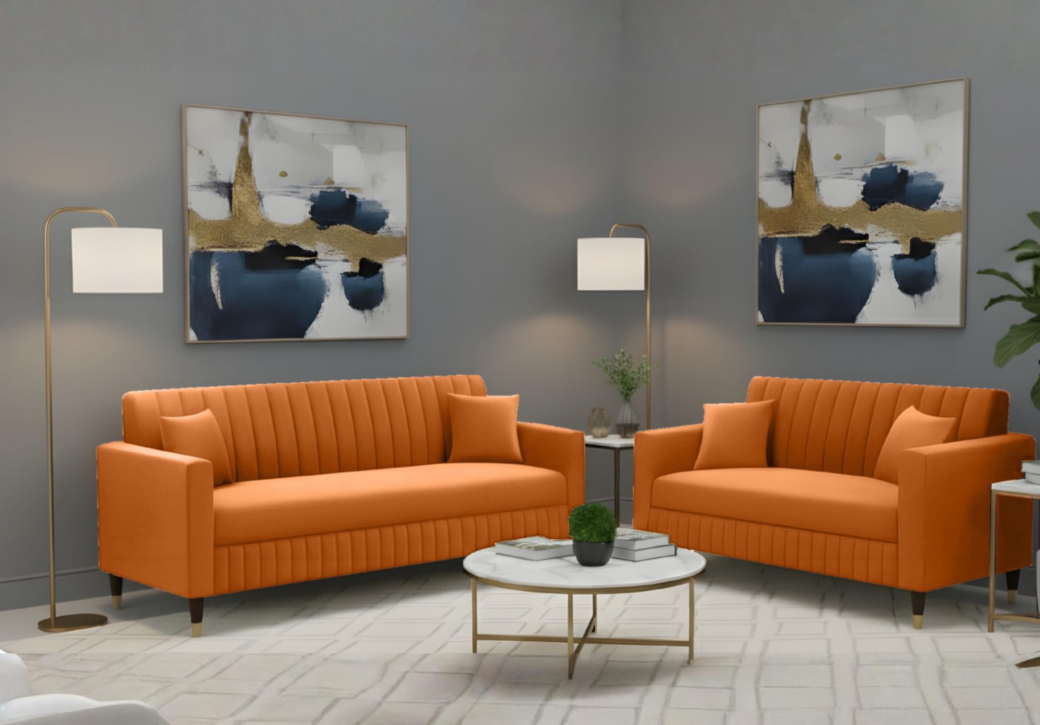 AMATA Omega 3+2 Seater Orange Suede Velvet Fabric Sofa Set with