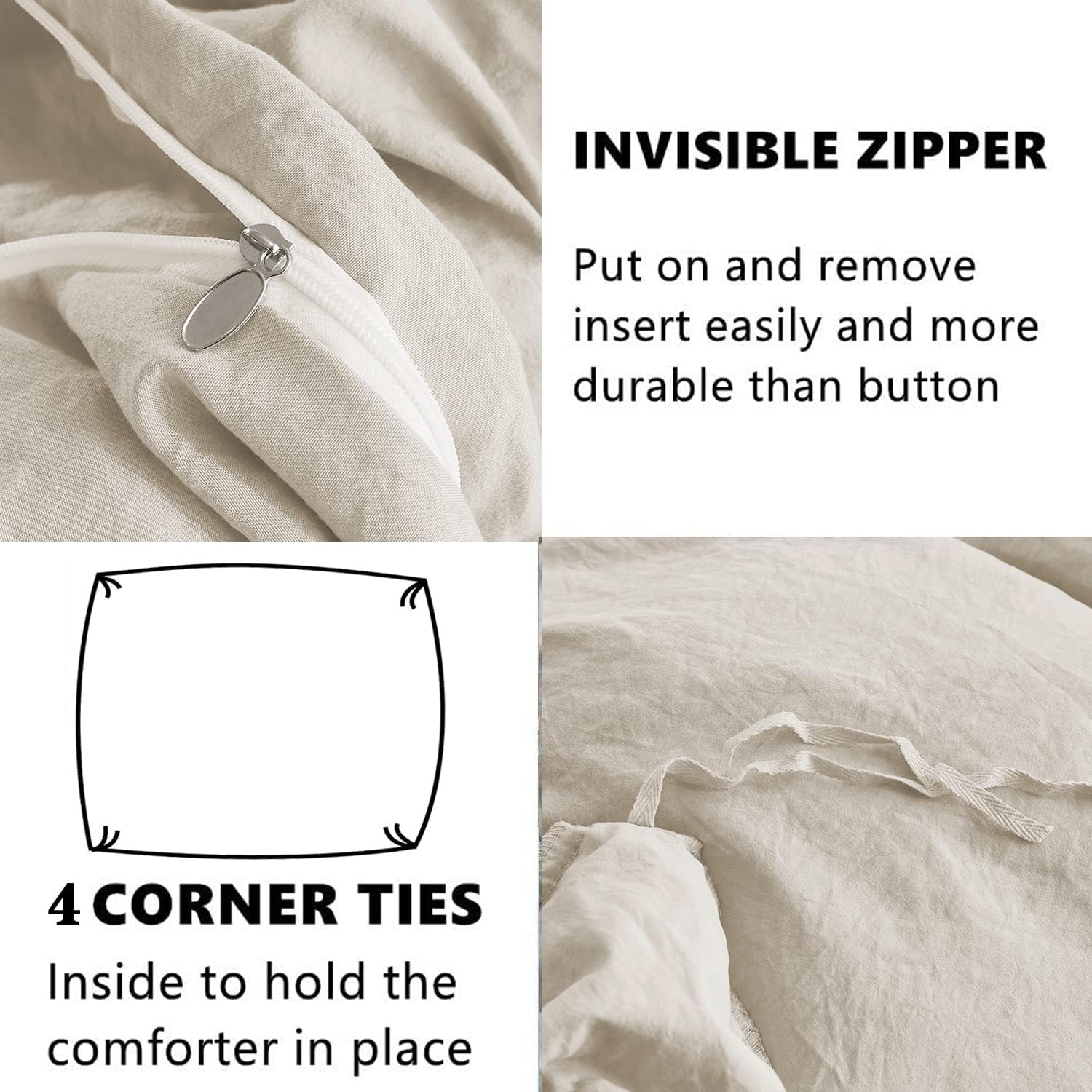 HIG 3 Piece Farmhouse Ruffled Duvet Cover Set Queen, Camel Vintage Duvet Cover with 2 Rows of Handmade Ruffle, Solid Washed Microfiber Bedding Cover for Bedroom - 1 Duvet Cover, 2 Shams (HANS) - Image 5