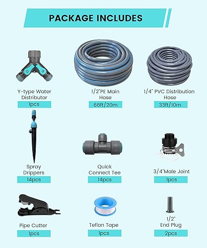 Miniatura 7 de Kits de riego automático por goteo con tubo de distribución tipo Y, 14 boquillas integradas de goteo y pulverización, tubo principal de polietileno