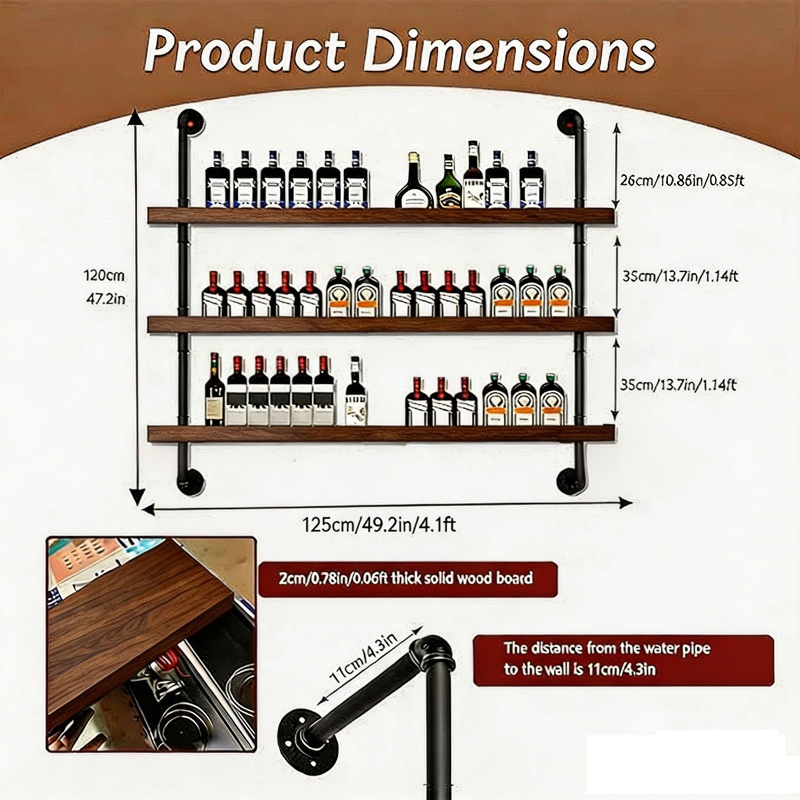 Portabottiglie da Parete con Luci a LED, Ripiani Espositivi Galleggianti in Ferro e Legno a 2 o 3 Livelli per Liquori, Portabottiglie da Parete Industriale, per Bar e Cucina (Noce, 3-125CM)