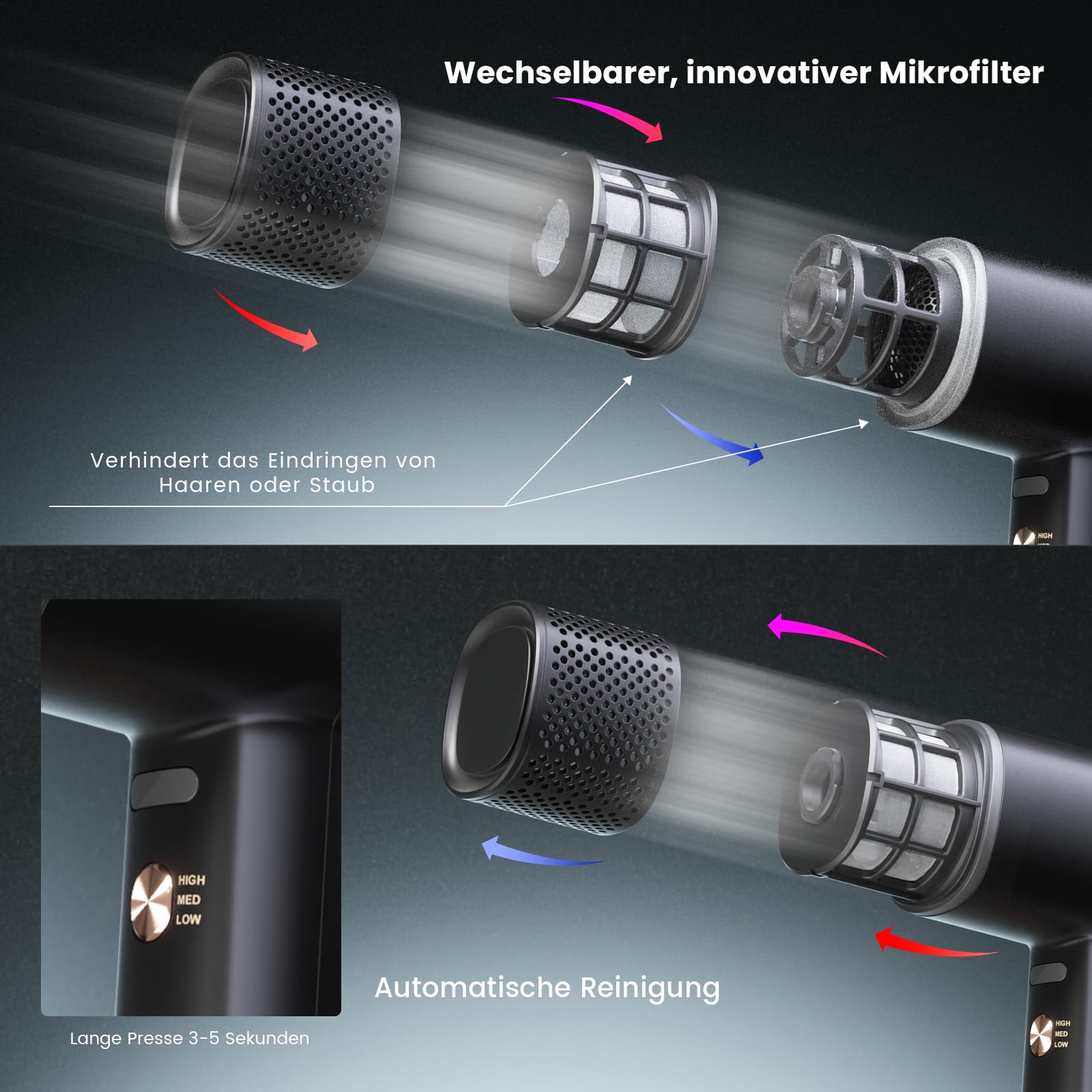 Föhn Ionen Haartrockner, 150000 U/min Fön mit Diffusor für Frauen & Männer, Schnelltrocknen mit 3 Temps/2 Geschwindigkeiten, Leicht für Heimreisen, Gleichmäßige Hitze, Geräuscharm, Schwarz