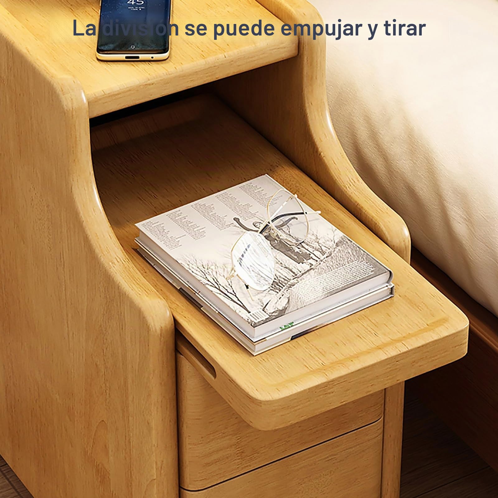 Mesita de Noche Estrecha de Madera Maciza con Cajón de Almacenamiento, Pequeña (20 cm/8 Pulgadas)