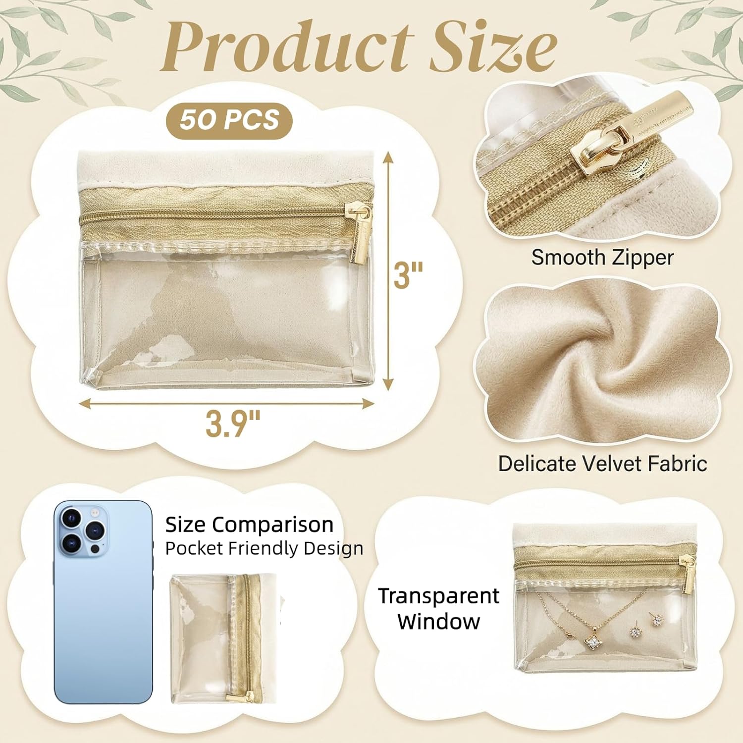 50 Pieces Travel Jewelry Bags, Clear Jewelry Pouch Bag with Zipper, Portable Velvet Earring Storage Necklace Organizer for Women Gift, Rings, Bracelets, Mother's Day