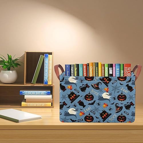 Miniatura 8 de Cestas de almacenamiento de calabaza negra de Halloween, contenedores de almacenamiento plegables, rectangular, de tela de lona con asas de cuero