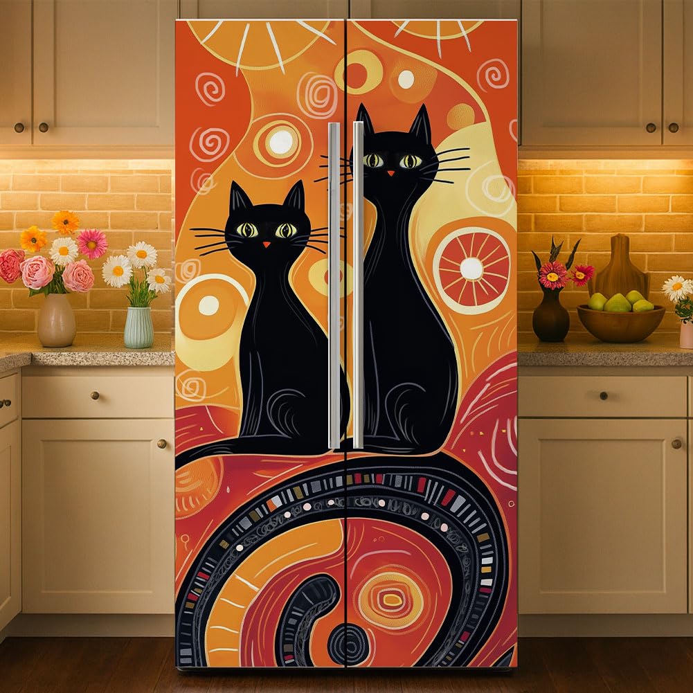 GOMAKERER 2 Pcs Black Cat Sun Removable Refrigerator Wraps, Self-Adhesive Artistic Cat Fridge Door Mural Vinyl Freezers Panel Cover Sticker for Kitchen Bar Decor, 41.5x200cm