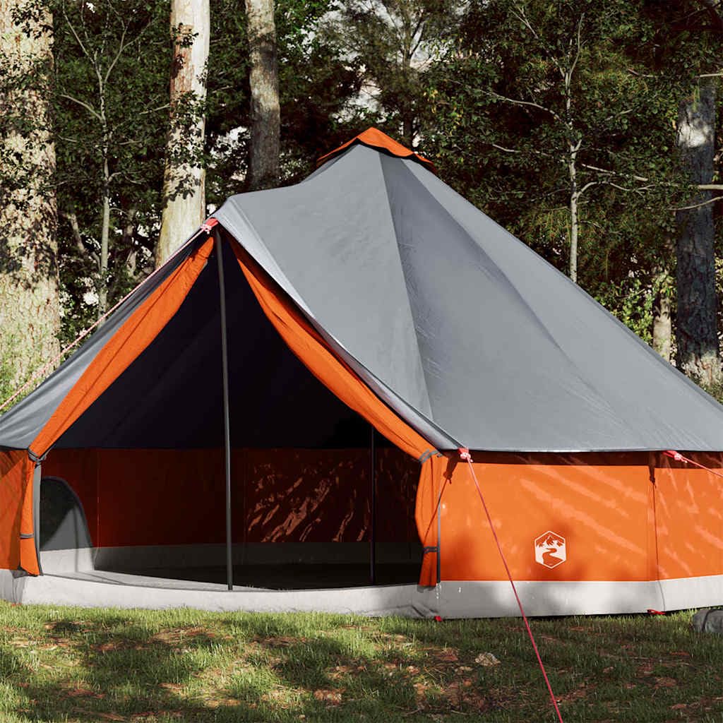 Wodoszczelny namiot rodzinny Tipi dla 12 osób, szaro-pomarańczowy, 600 x 600 x 350 cm, z przyłączem E, 3 kieszenie do przechowywania, wytrzymały poliester 185T, na kemping, do aktywności na świeżym