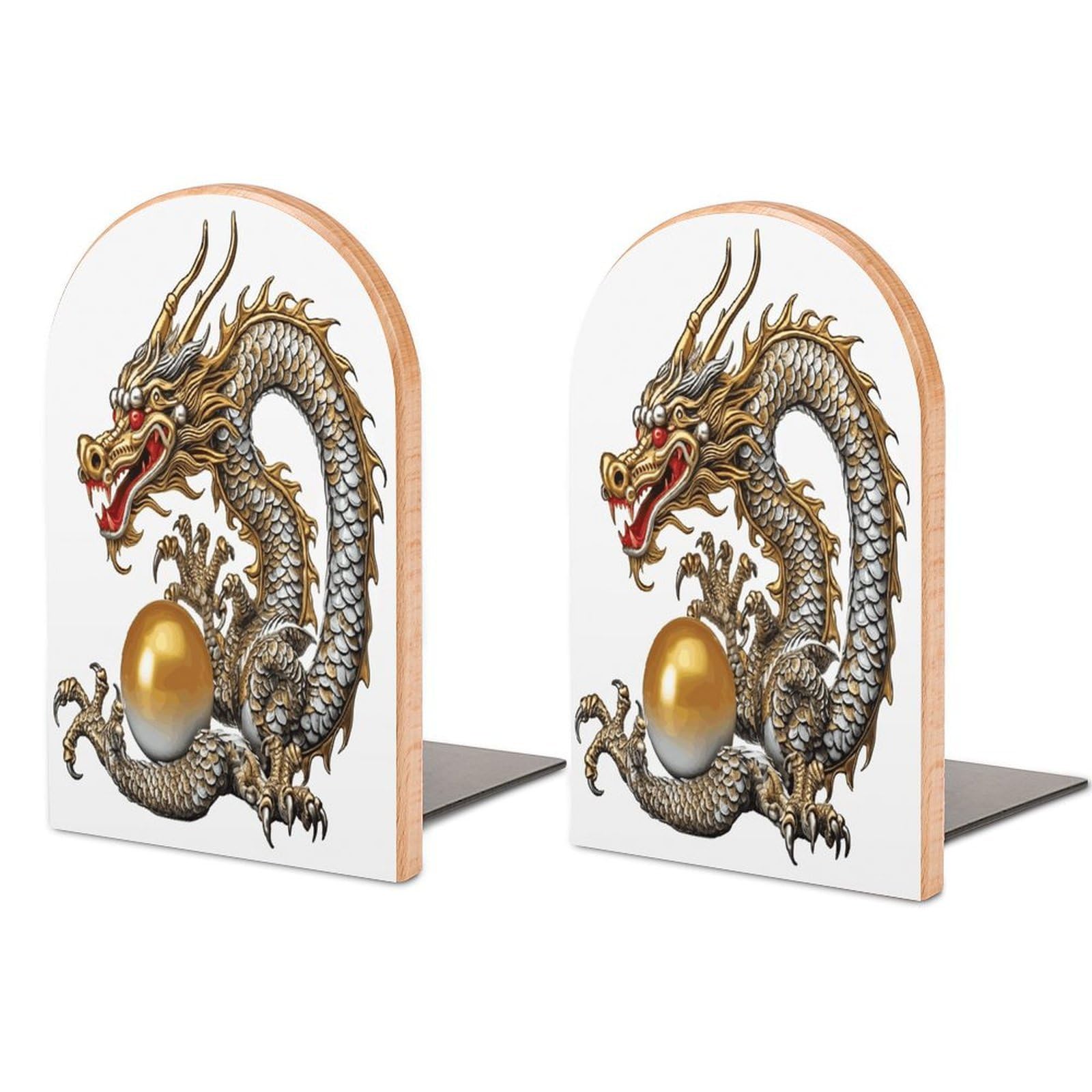 Chinese Dragon with Pearl Bookend Wood Book End for Shelves Heavy Duty Non-Slip Wooden Bookend Support Universal Economy Bookends Fancy Modern Decorative Book Accessories 1 Pairs