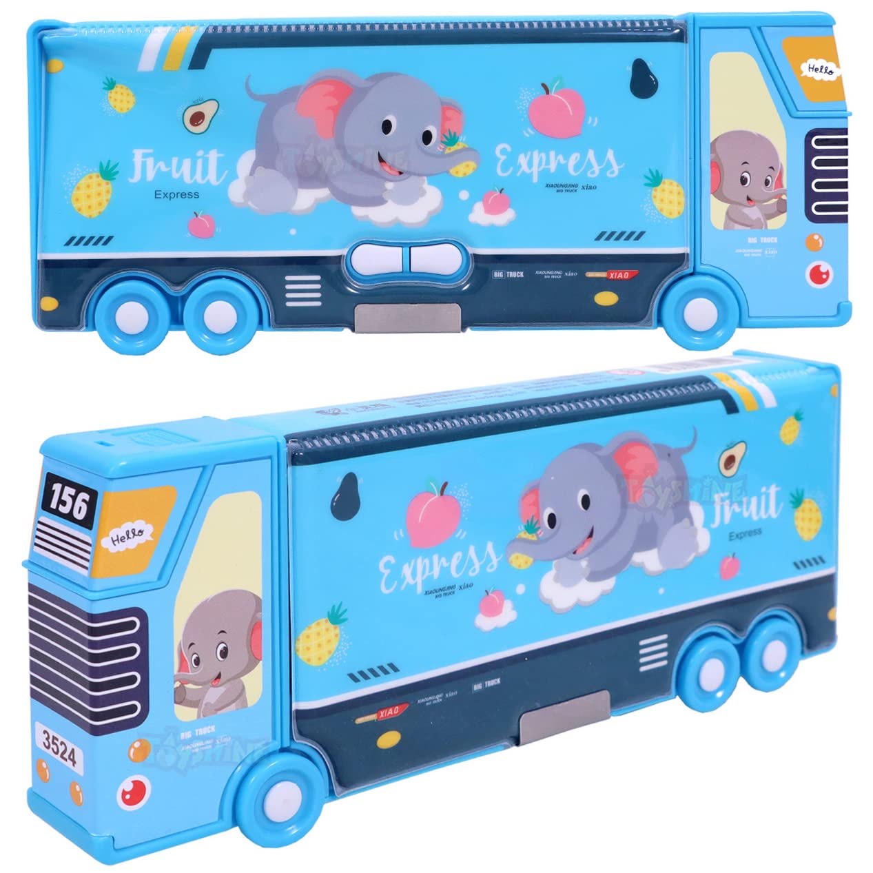 Toyshine Double Compartment Bus Pencil Box with MovNluing Tyres, Button Enabled Storages and Sharpner for Kids - Blue