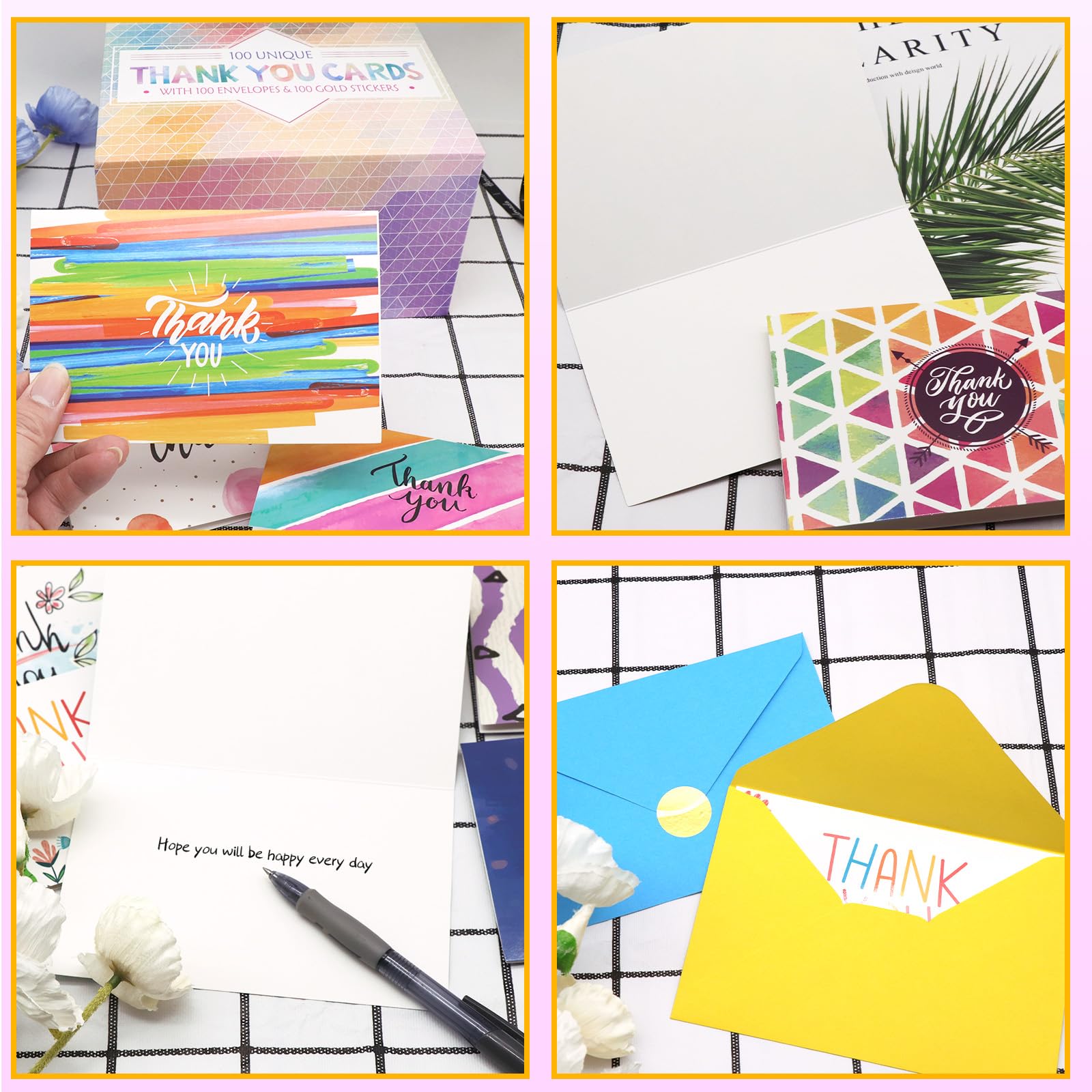 Tarjetas de agradecimiento, 100 juegos de tarjetas de felicitación únicas con sobres, calcomanías de sello dorado, notas de agradecimiento, caja de almacenamiento de 4 x 6 pulgadas para
