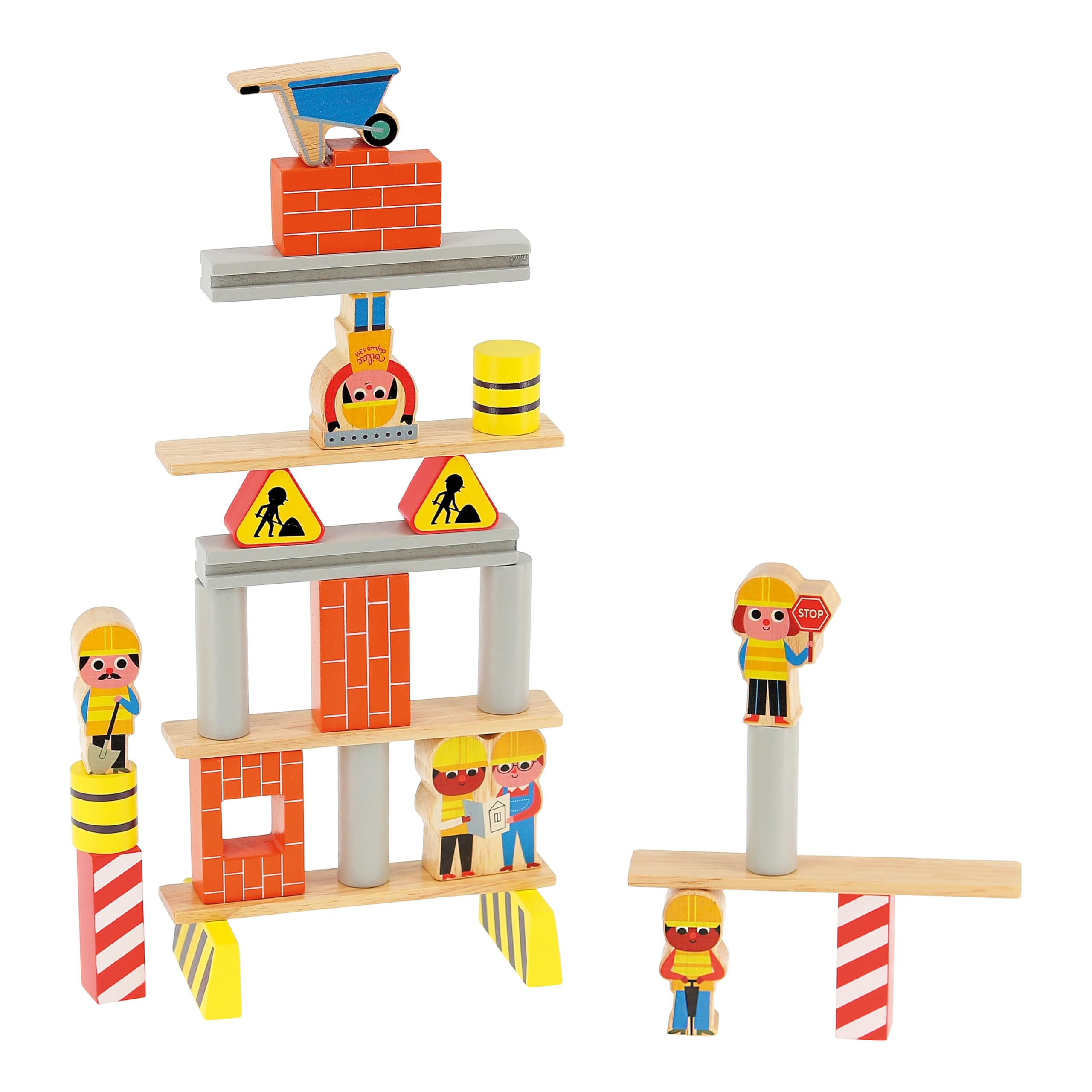Vilac Wooden Stacking, Balancing Game, Non-Toxic Paint, Montessori Toy, Develops Creativity, Fine Motor Skills, 3 Years+, 24 x 3.3 x 21.5 cm, 27 Pieces in a Cotton Storage Bag, Construction Site