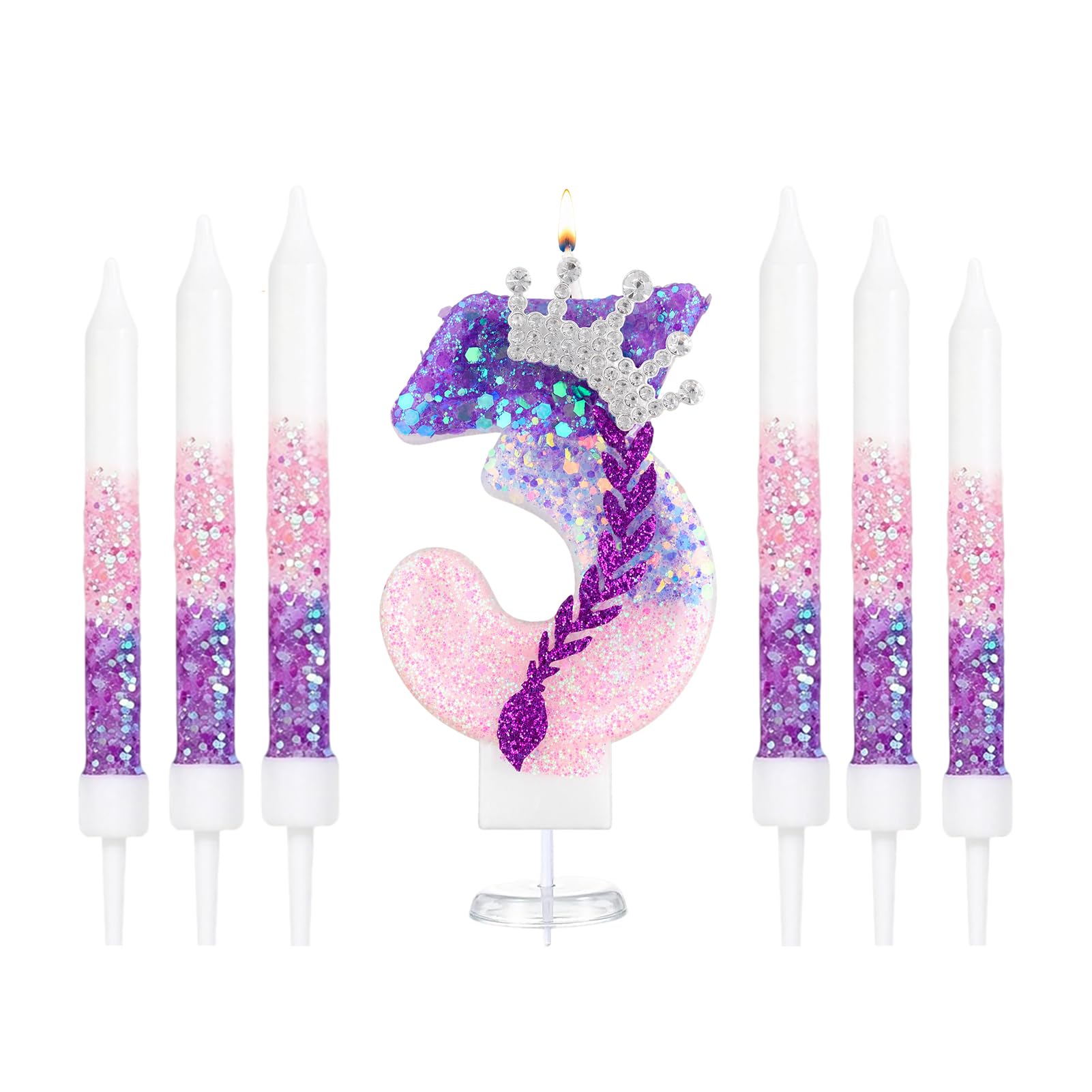 K Pop Number Birthday Candles, Glitter Crown Birthday Candle with 6 Pcs Long Candles, Stylish Kpop Music Themed Cake Topper for Girls Birthday Party Supplies (3 Candle,K Pop)