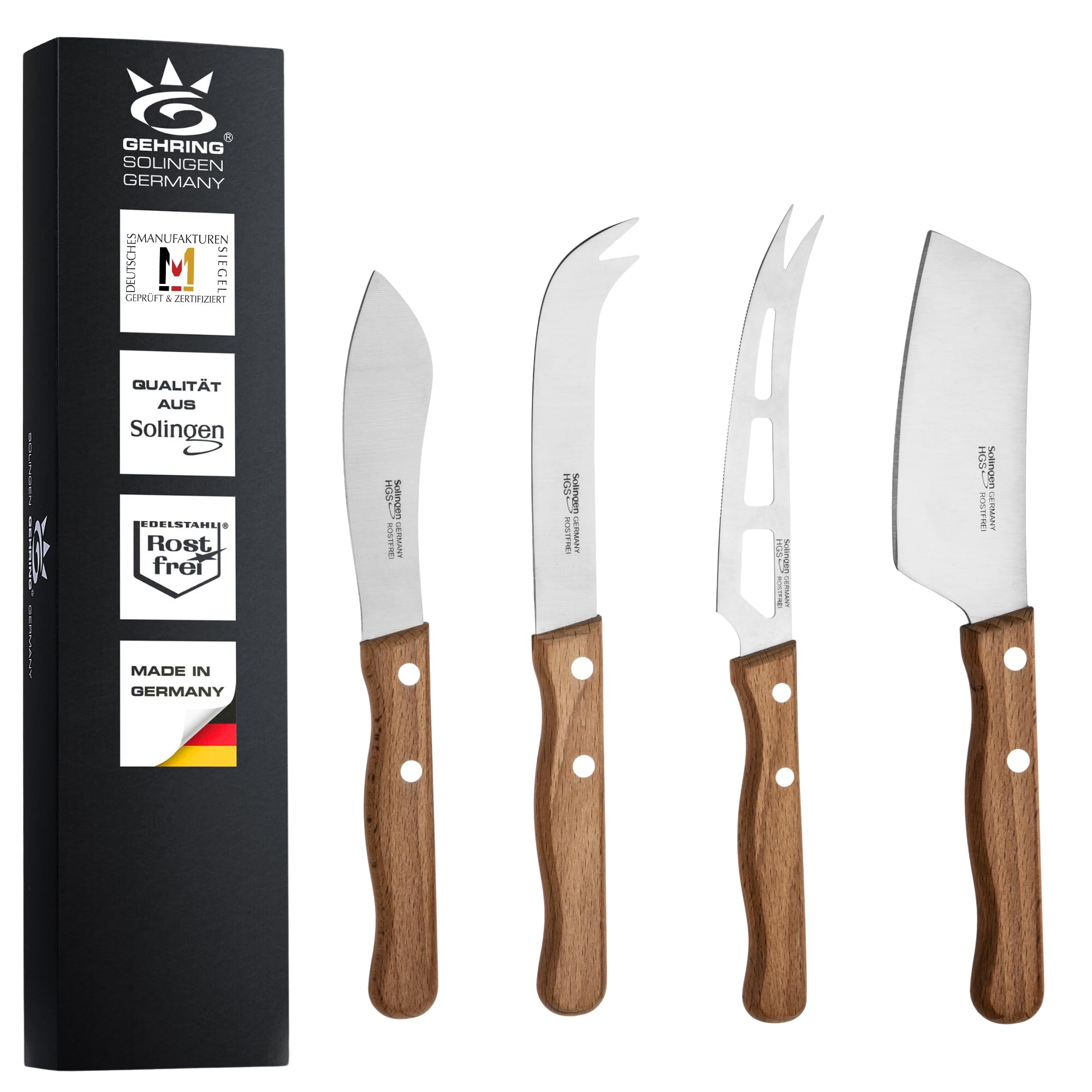 GEHRING| Solingen Käsemesser Set 4tlg. LOOK, Käseschneider mit Buchenholzgriff, für Hartkäse, Weichkäse, Streichkäse, mit Käsebeil, Besteck