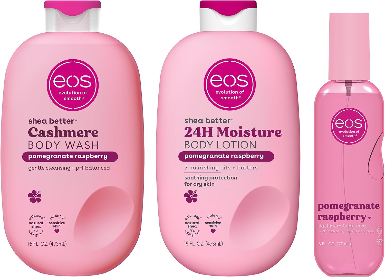 eos Essentials Bundle - Body Wash, Body Mist, Body Lotion - Pomegranate Raspberry
