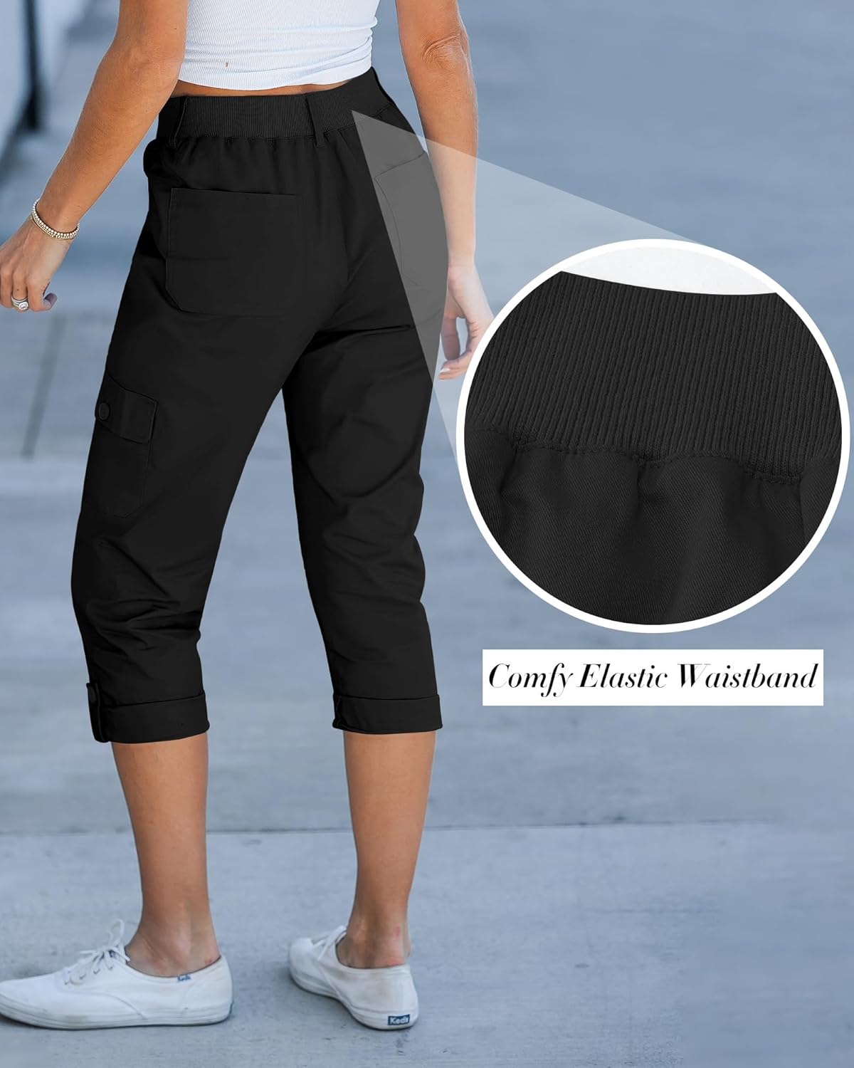 GRAPENT Cargo Capri Pants for Women High Waisted Relaxed Fit Elastic Knit Waist Casual Capris Trousers Cropped Pants - Image 4