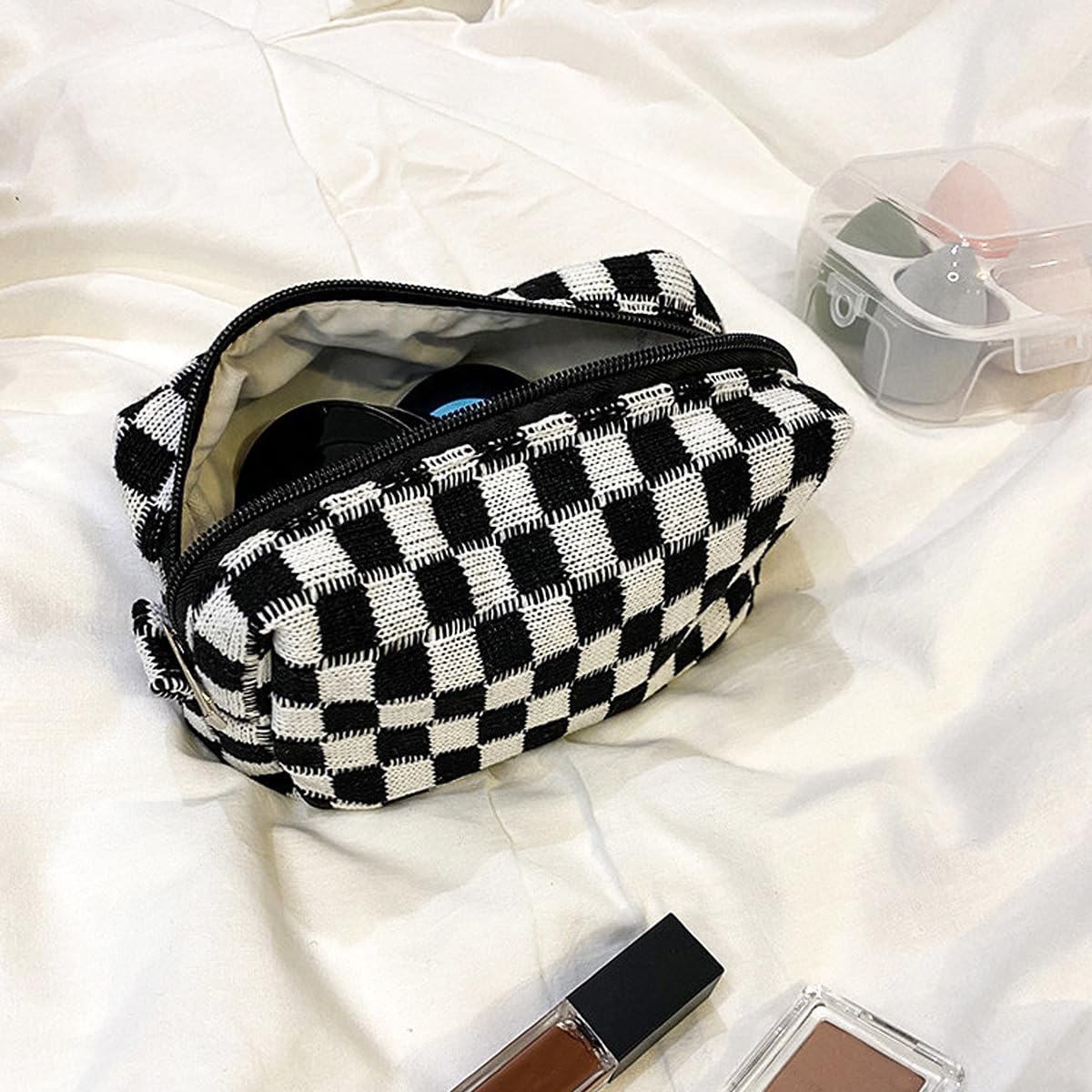 3 PCS Checkered Cosmetic Bag Large Capacity Make Up Bags Multifunctional Travel Makeup Bags Small Cute Cosmetic Bag Ideal for Handbag Travel Camping - Image 4
