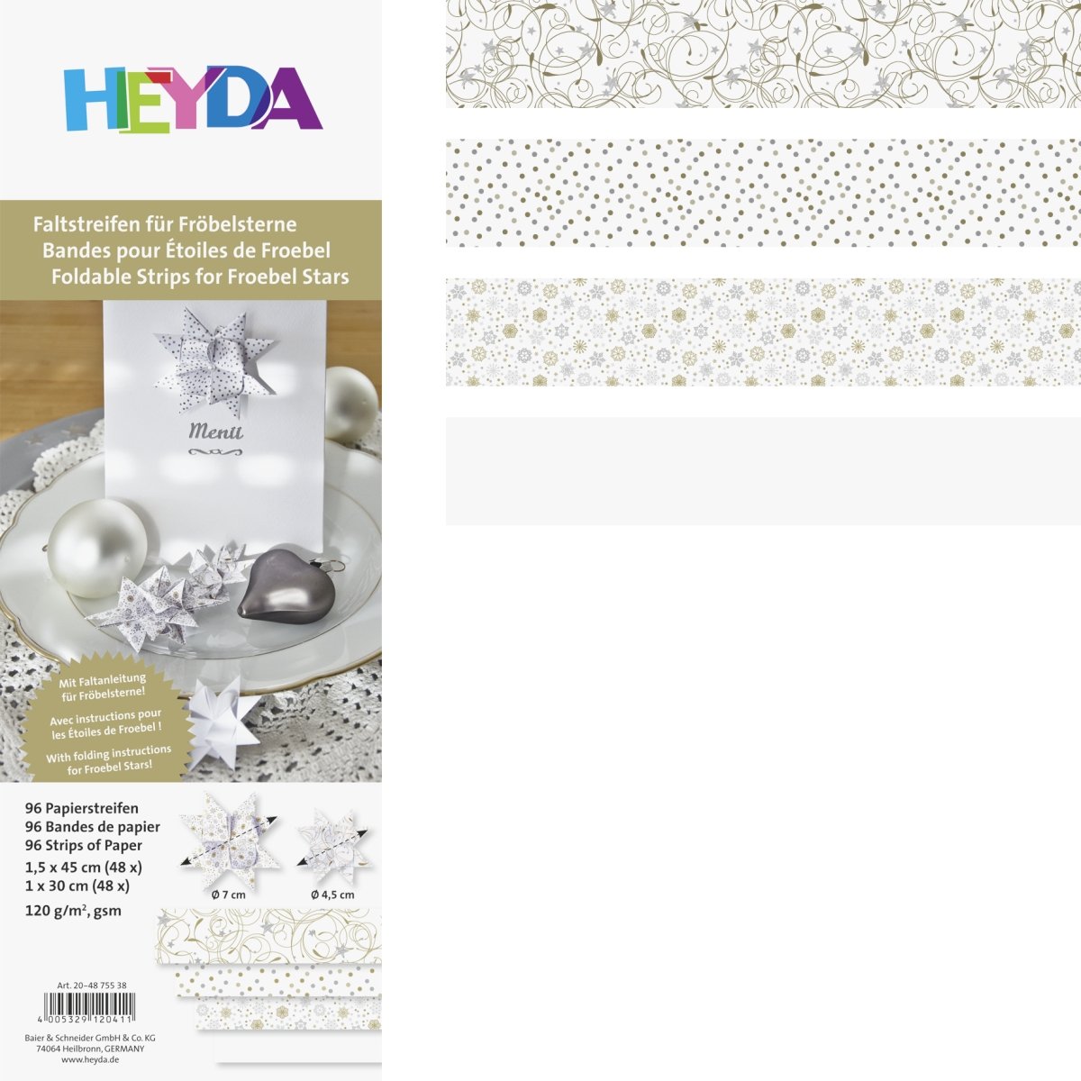Heyda 204875538 - Set di strisce pieghevoli, 1 x 30 cm e 1,5 x 45 cm, 4 motivi assortiti in due diverse misure, colore: Bianco