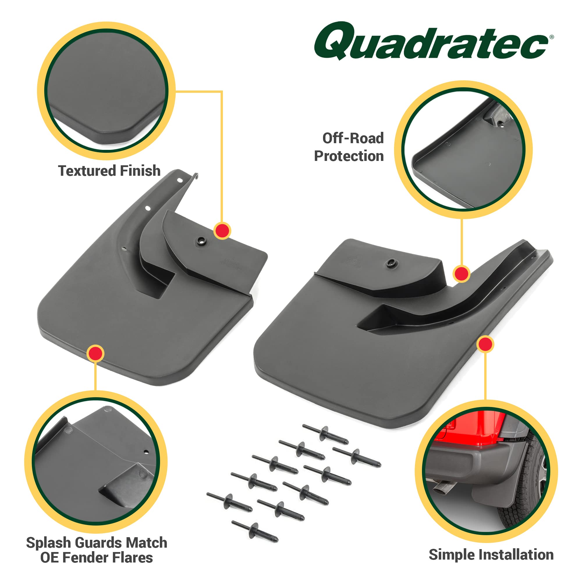 Front & Rear Heavy-Duty Splash Guards / Mud Flaps For Jeep Wrangler JL / JLU (2018-2023 Sahara, Sport - Not For Rubicon) - Matte Black, Set Of 4