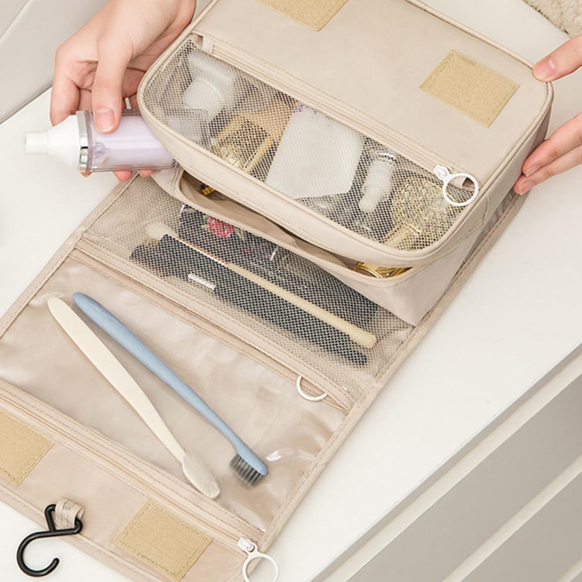 Beavorty 3piezas Neceser De Maquillaje Colgante Multiusos Bolsa De Viaje para Cosméticos Beige Organizador De Baño y Accesorios De Tocador