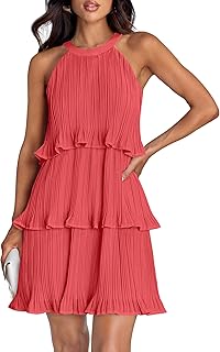 ZESICA Women's 2025 Summer Halter Dresses Sleeveless Ruffle Tiered Layered Chiffon Pleated A Line Swing Mini Dress - Buy now