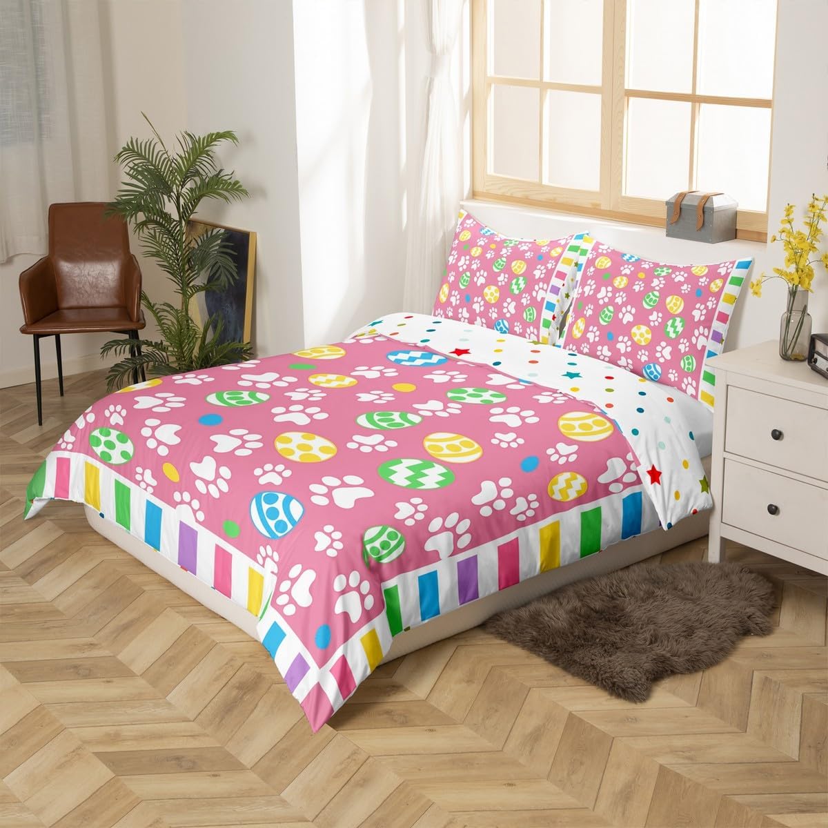 Manfei Easter Duvet Cover Set King Size, Colorful Eggs Paw Print Bedding Set 3pcs, Watercolor Stripes Comforter Cover, Kids Girls Room Decor, Soft Polyester Quilt Cover, 2 Pillowcases, No Comforter