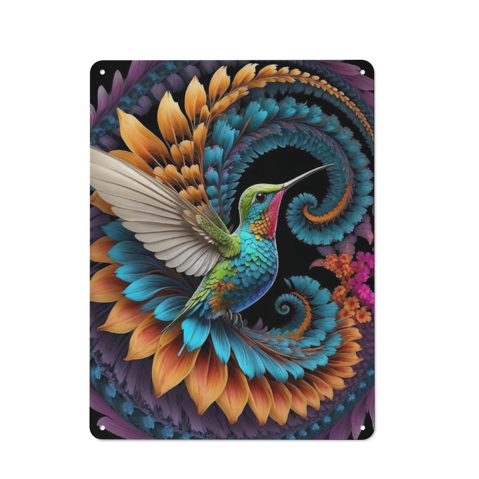 Junmoney Hummingbird Fractal Vintage Tin Sign 40X30cm With For Guest Room Or Hallway, Suited To Wall Displays In Guest Rooms And Hallways