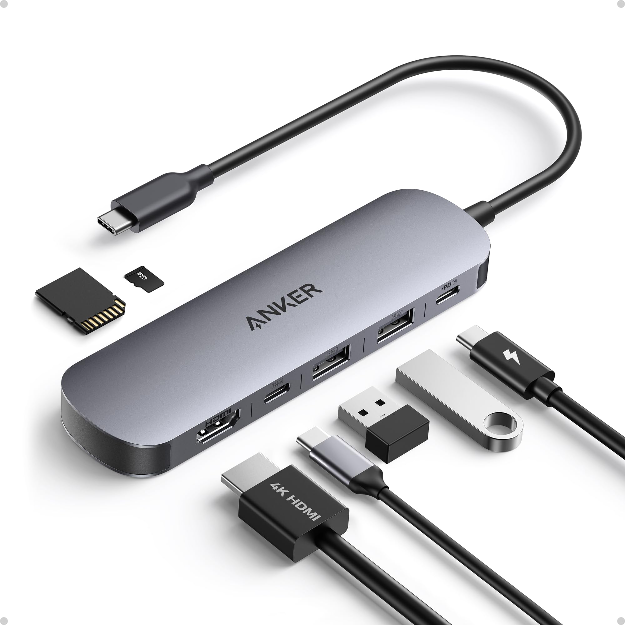 Anker Hub USB C 7 in 1, Adattatore Type C Multiporta per Laptop, Splitter USB HDMI 4K60Hz, Potenza Massima 100W, 3Porte Tipo A/Tipo C 3.0, Scheda SD/TF, per Dispositivi Type C(Senza Alimentatore)