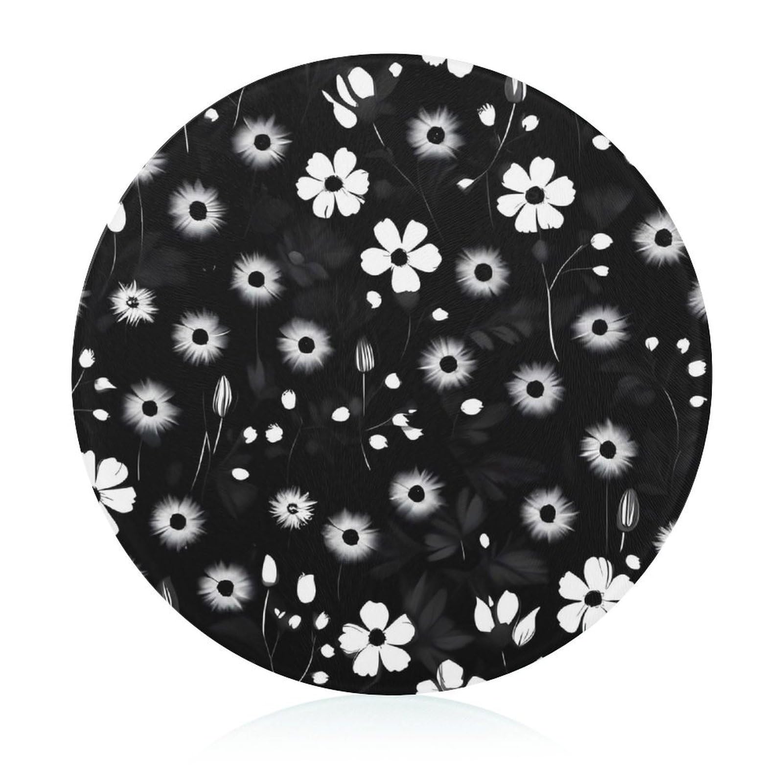 Planche à découper ronde en verre imprimé floral noir et blanc pour cuisine