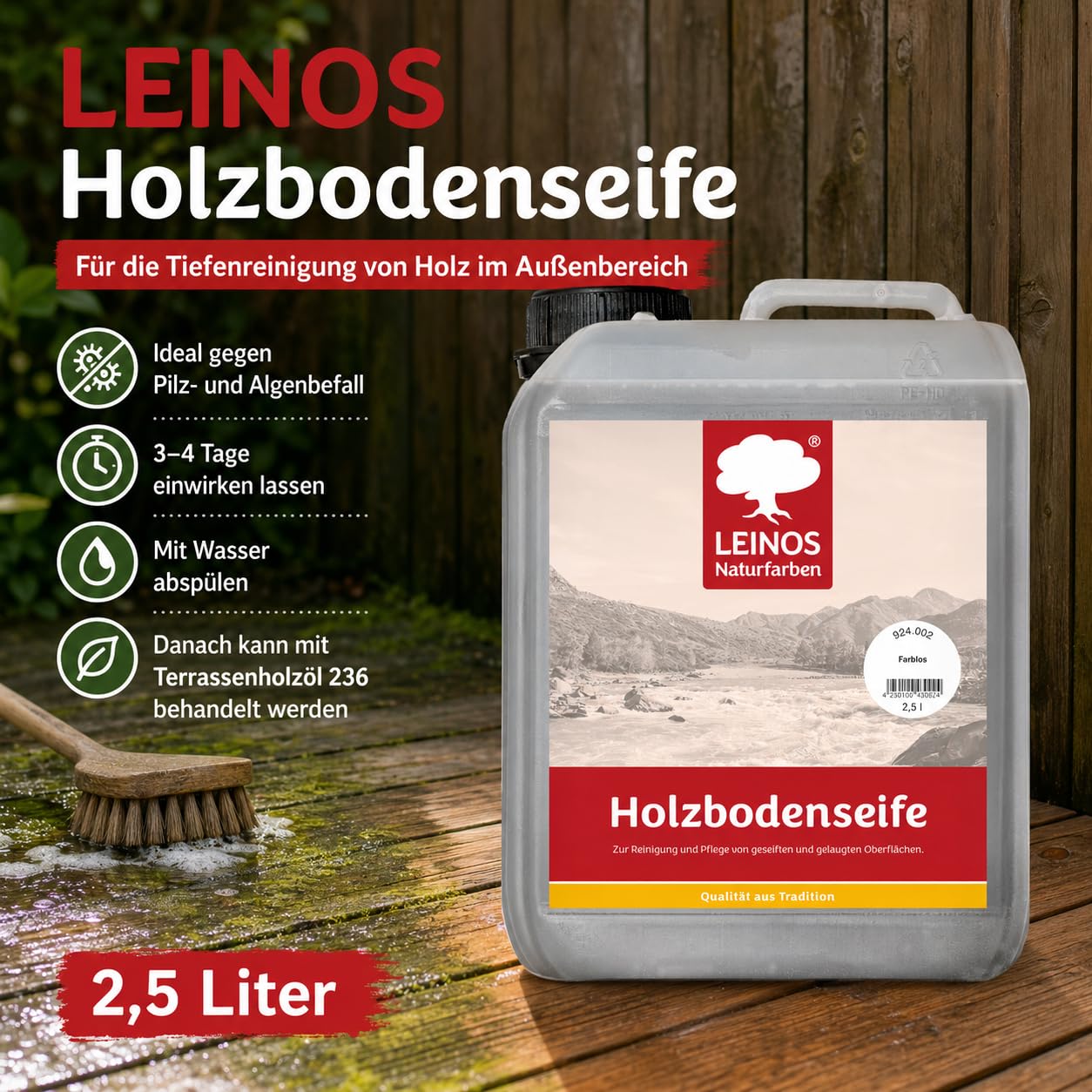 LEINOS Holzbodenseife 924 farblos 2,5 Liter– Erstbehandlung & Unterhaltsreinigung für gelaugte/geseifte Weichholzböden | rückfettend, hochkonzentriert | für Innenflächen