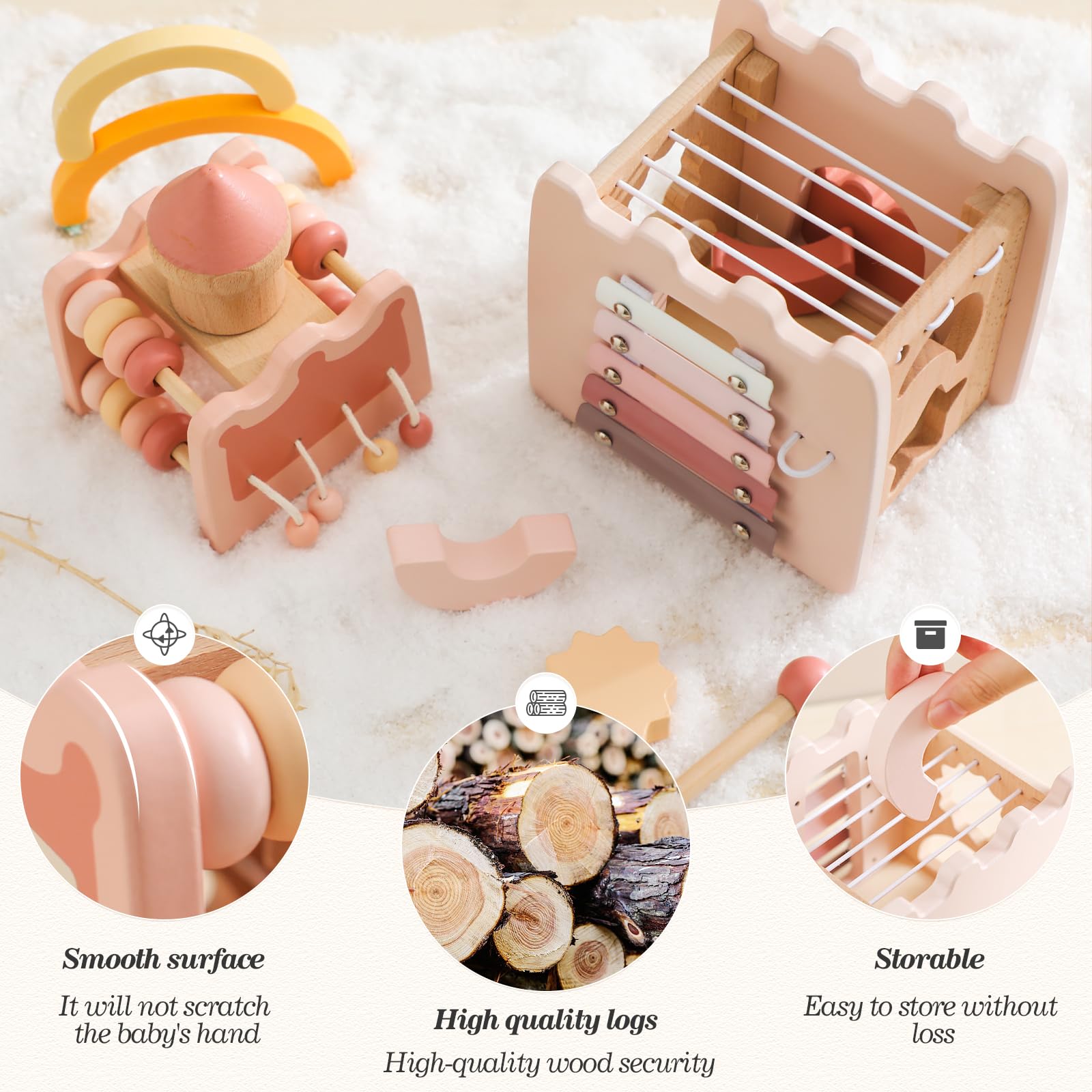 Montessori Spielzeug Baby Holzspielzeug,5 in 1 Rosa Schloss Lernspielzeug Motorikwürfel Sensorik Motorikspielzeug Activity Würfel Motorikschleife Geschenk Baby Mädchen Aktivitätswürfel 3+