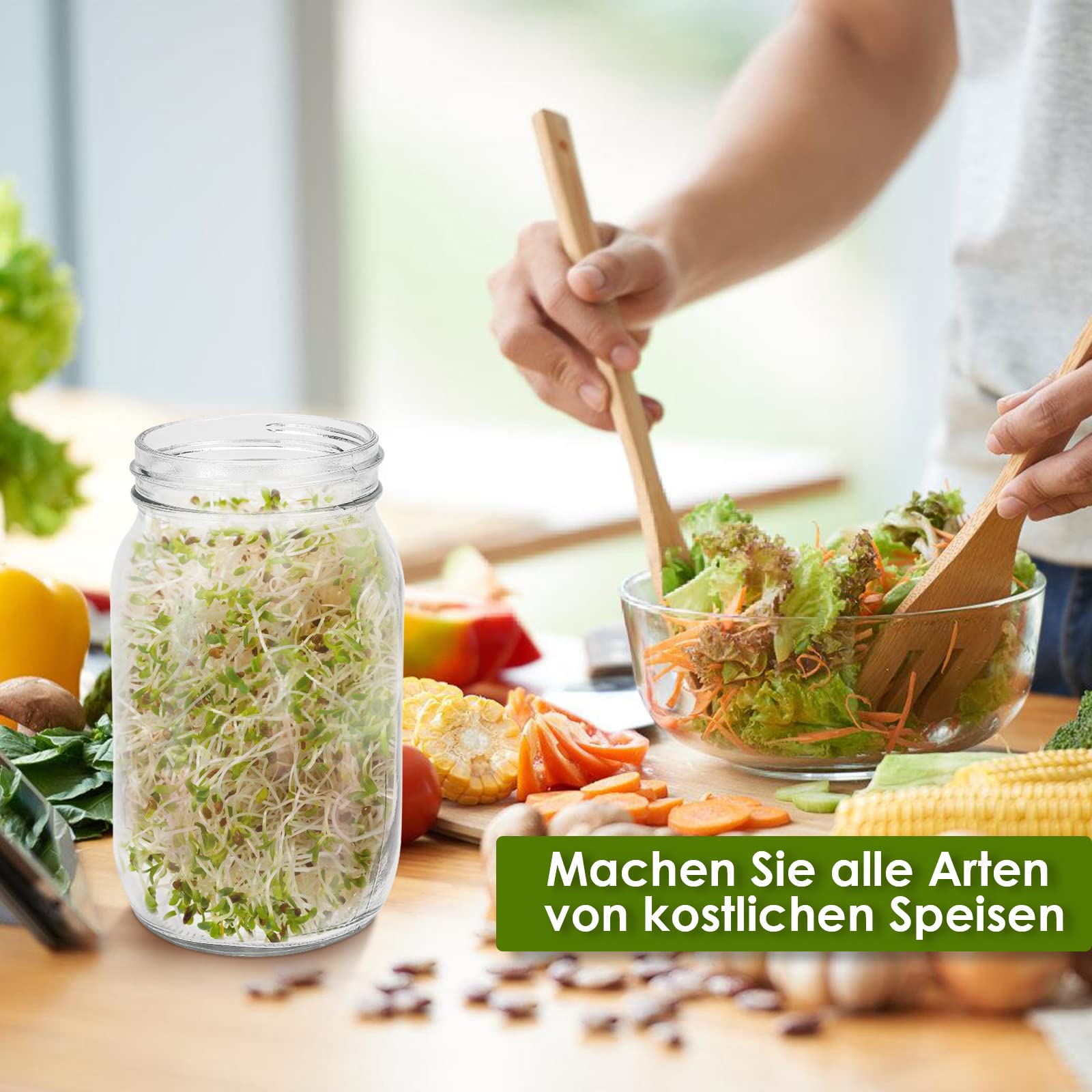 Sprossenglas Keimglas, 2er Set 950ML Sprossenglas mit Deckel & Sieb, Kapazität 2 Einstellbare Halterung 1 Tablett, Sprossen Keimgerät für Alfalfa Kresse Brokkoli Mungobohnen