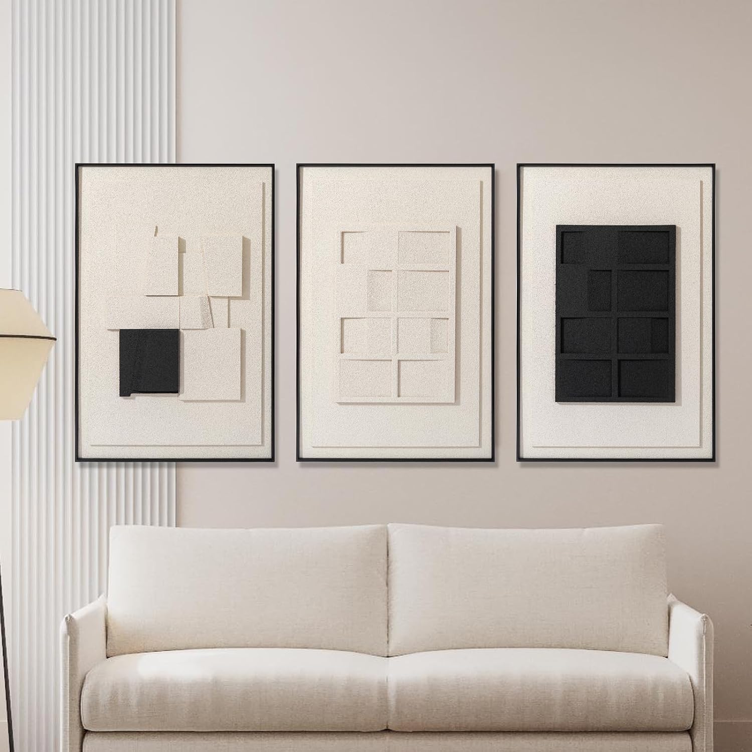 AMAATE 3 Pieces 3D Sandstone Wall Art, Black Metal Framed Modern Minimalist Abstract Geometric Relief Wall Decor, Black White Textured Wall Paintings for Living Room Bedroom Office, 16x24 Inches, Ready to Hang