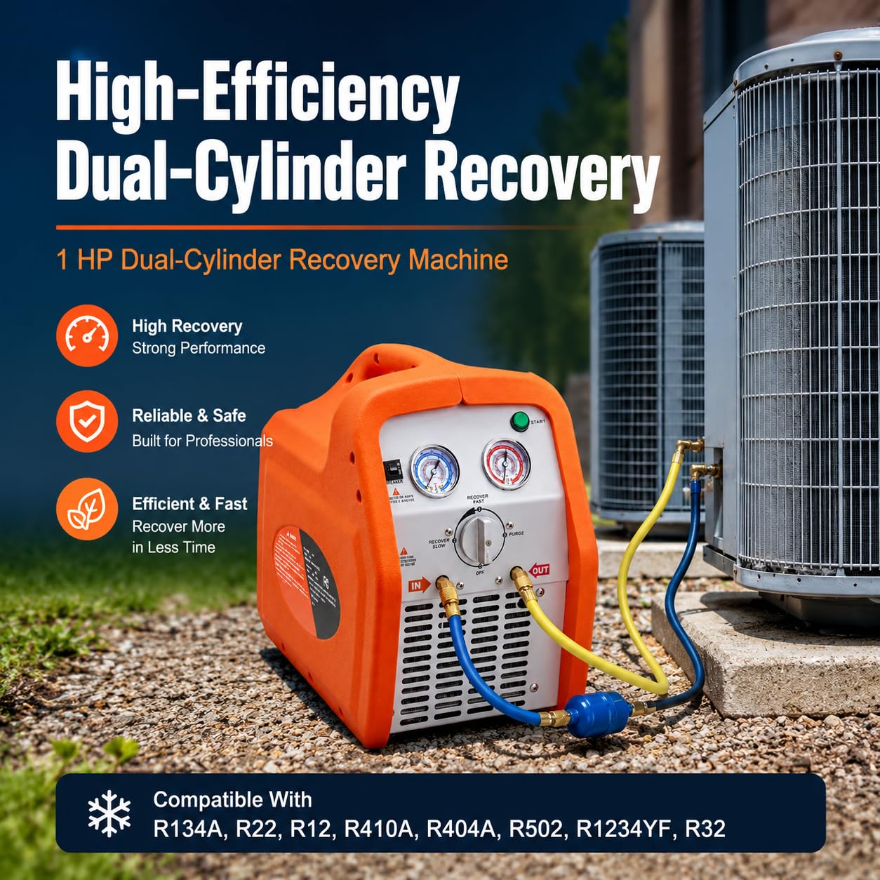 Máquina de recuperación de refrigerante 220-240 V, unidad de recuperación de CA portátil para HVAC automotriz, extracción de vapor y líquidos, diseño eficiente y compacto