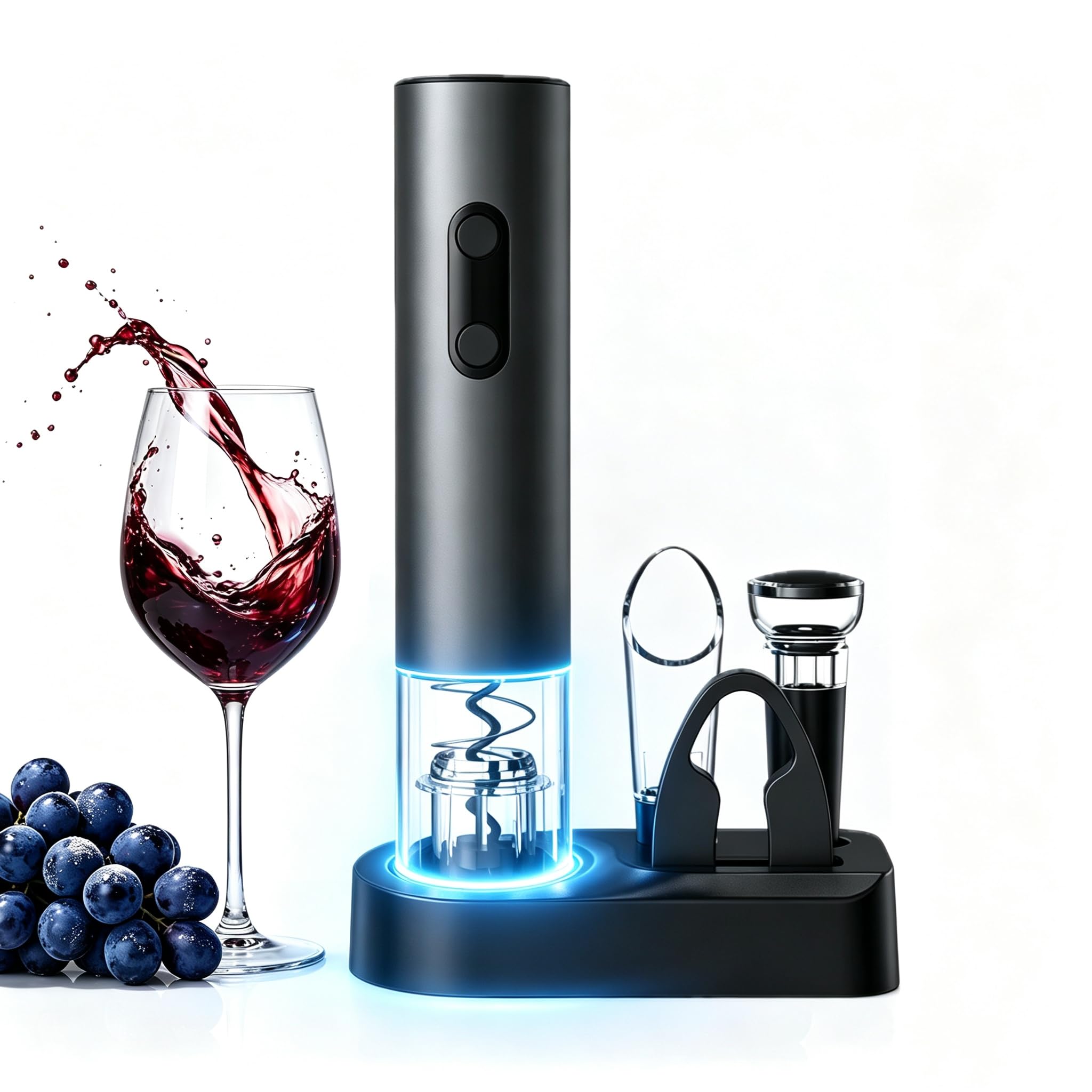PEIPU Electric Wine Opener Set, Battery Operated 5-in-1 Wine Gifts for Wine Lovers with Storage Base, Foil Cutter, Wine Aerator Pourer &amp; Vacuum Stoppers, Dark Grey