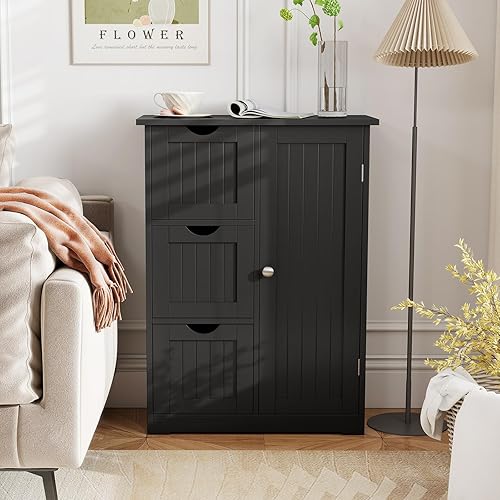 Miniatura 4 de Tangkula Armario de suelo de baño, armario de almacenamiento independiente con 3 cajones y una sola puerta, estante ajustable, almacenamiento de