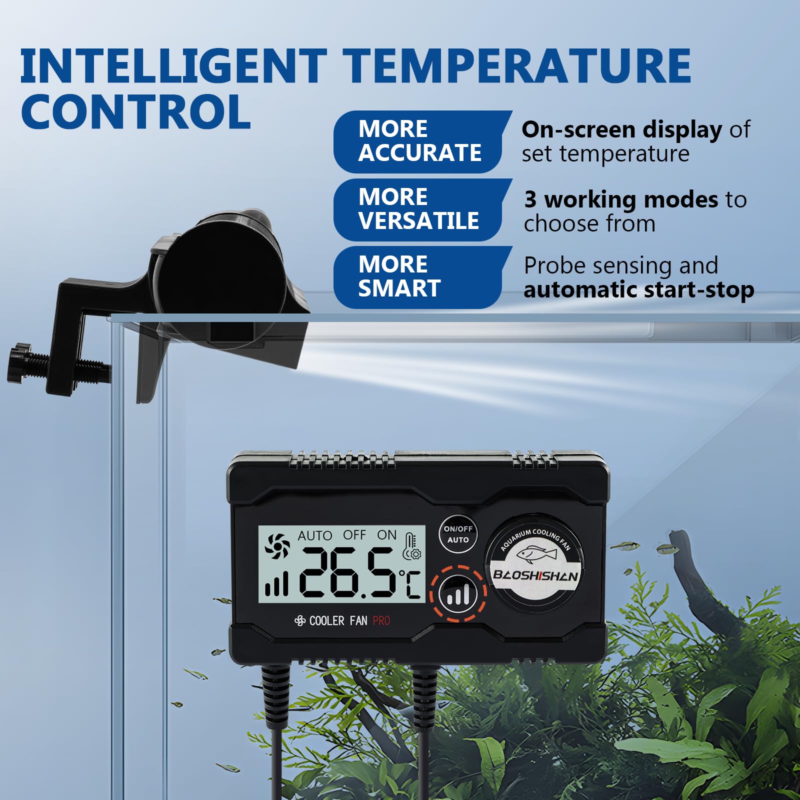 BAOSHISHAN Ventilateur de refroidissement pour aquarium, avec contrôle automatique de la température et 3 vitesses réglables, sortie d'air transversale à 120 ° pour aquarium, maison, bureau