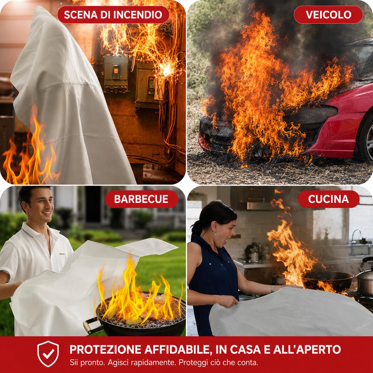 Coperta Antincendio 100 × 100 cm – Coperta Ignifuga in Fibra di Vetro per Casa, Cucina, Auto e Ufficio – Fire Blanket di Emergenza (4 Pezzi)
