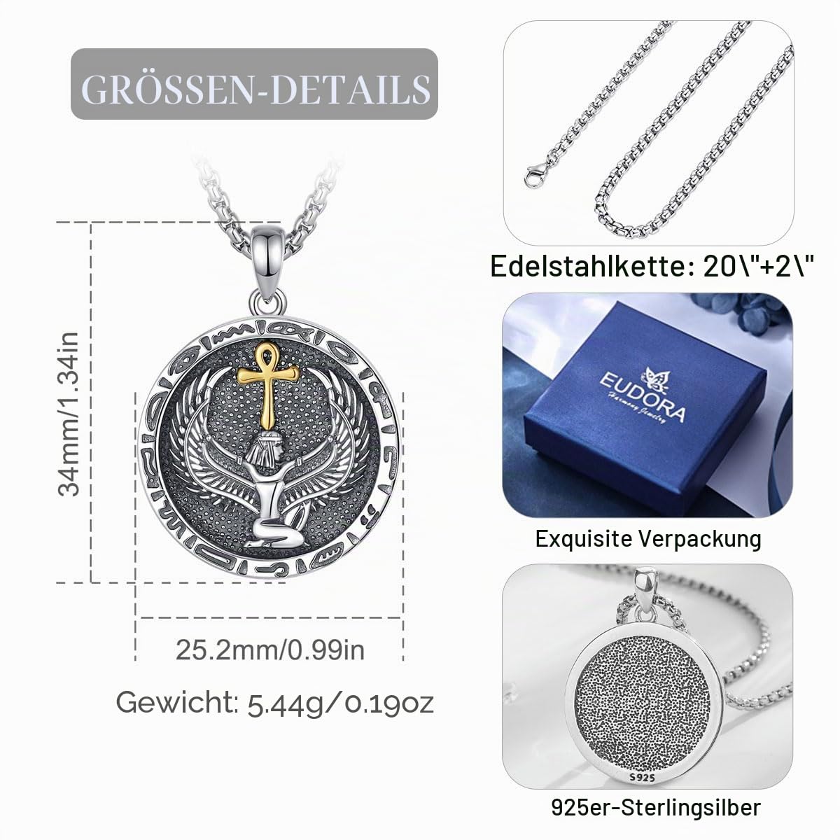 EUDORA Sterling Silber 925 Anubis Kette Isis Medaillon für Damen Herren, Antikes Ägypten Sensenmann Anubis Amulett Energie Halskette Anhänger, Vintage Ägypte Runen Schmuck Geschenk für Herren Frauen